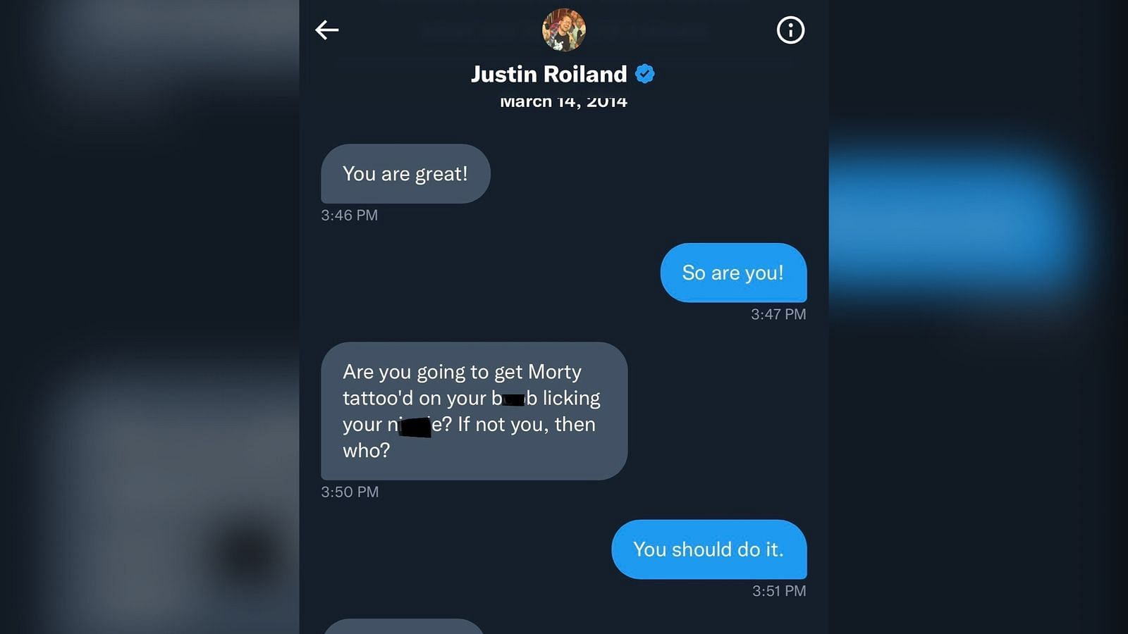 A screenshot of Roiland&#039;s message asking a fan to get a Morty tattoo (Image via Twitter/@Cvntfibers)
