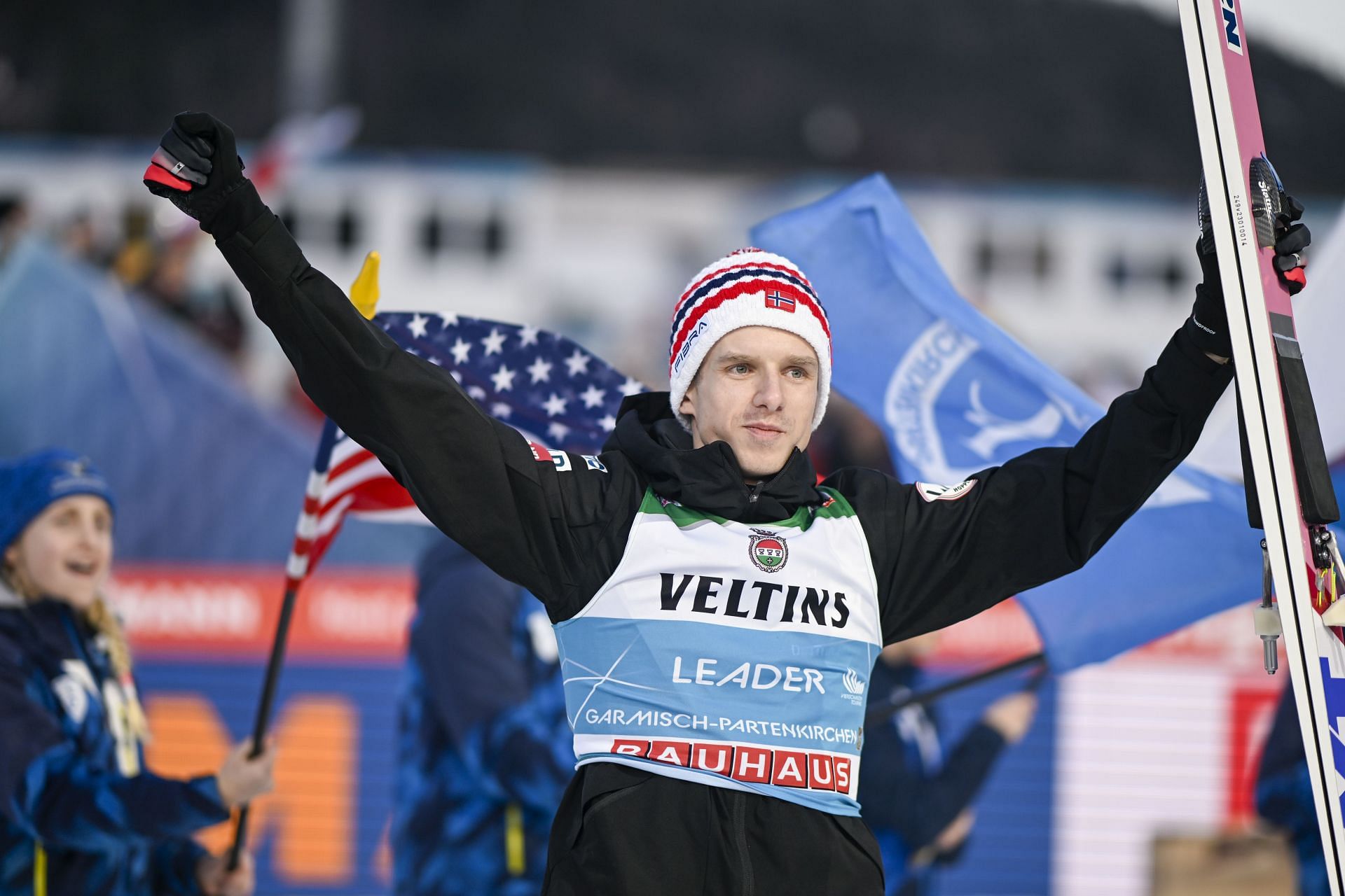 Halvor Egner Granerud of Norway celebrates during the victory ceremony after winning the Individual HS142 at the Four Hills Tournament Men Garmisch-Partenkirchen