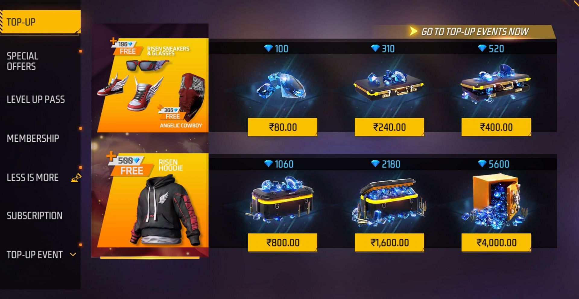 These are the different top-up options that are present in Free Fire MAX (Image via Garena)