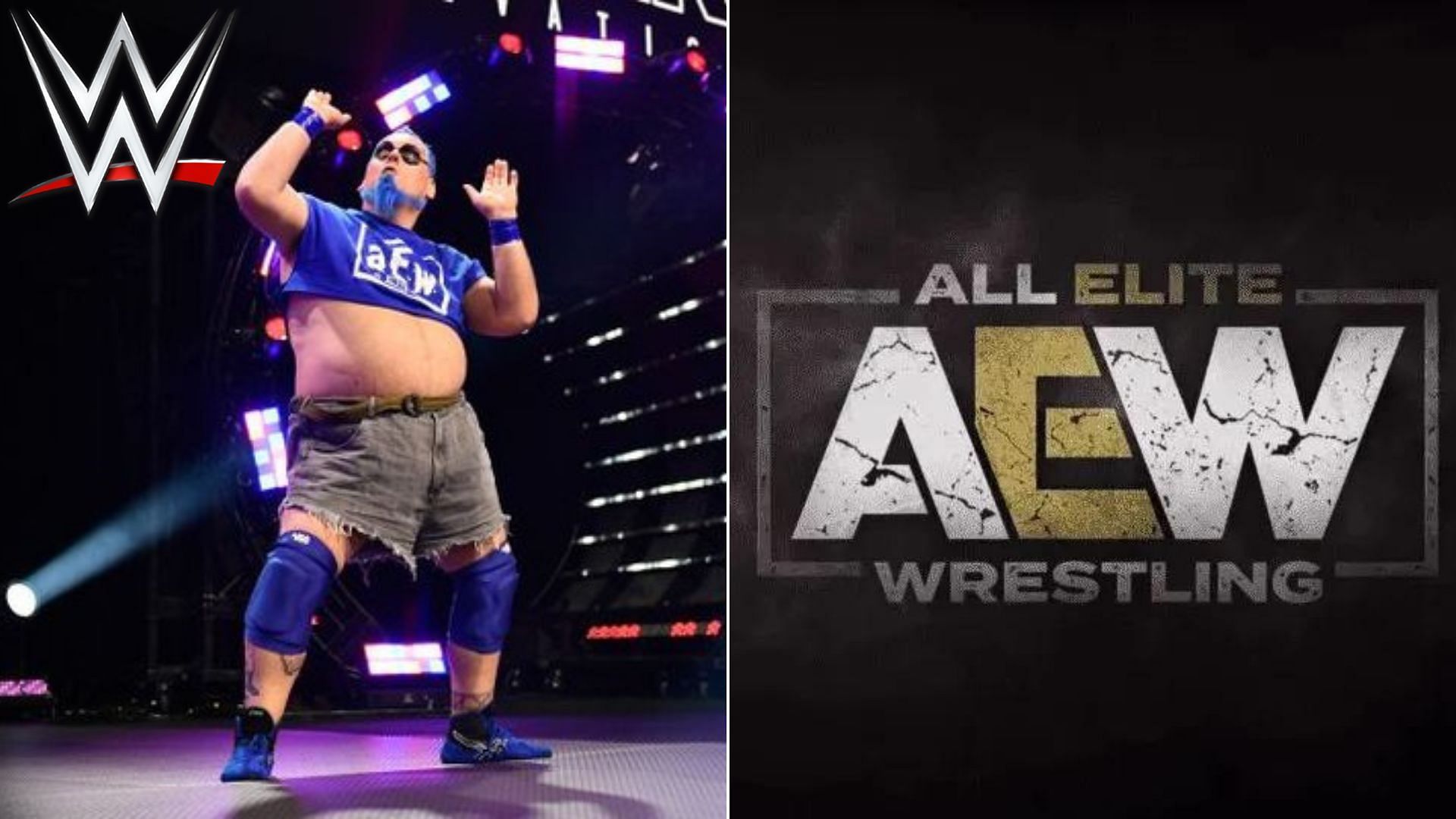 The Blue Meanie (left), AEW logo (right)