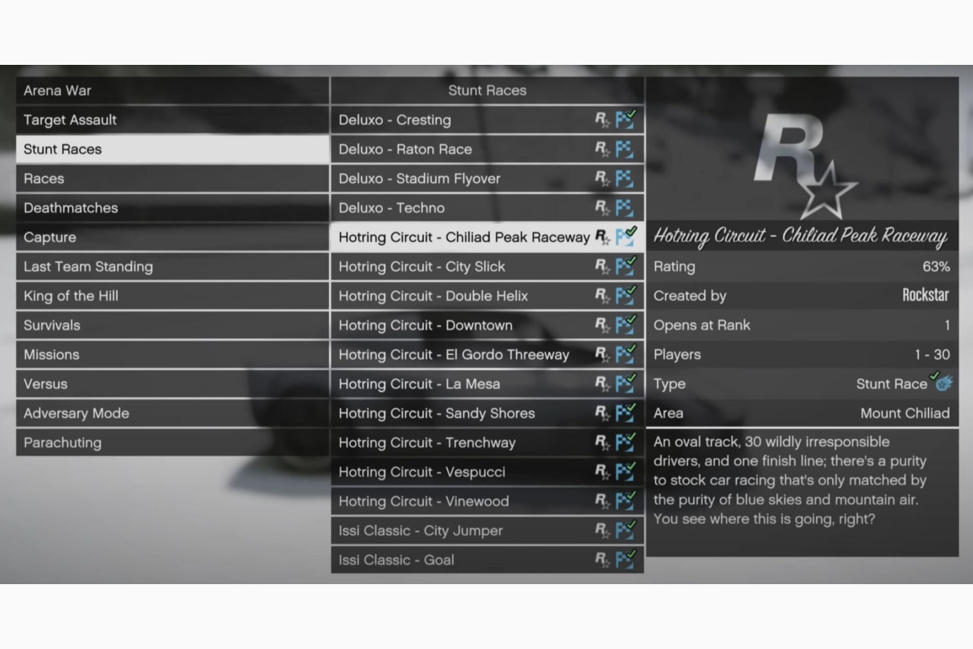 A list of stunt races in GTA Online (Image via YouTube/Tylarious)