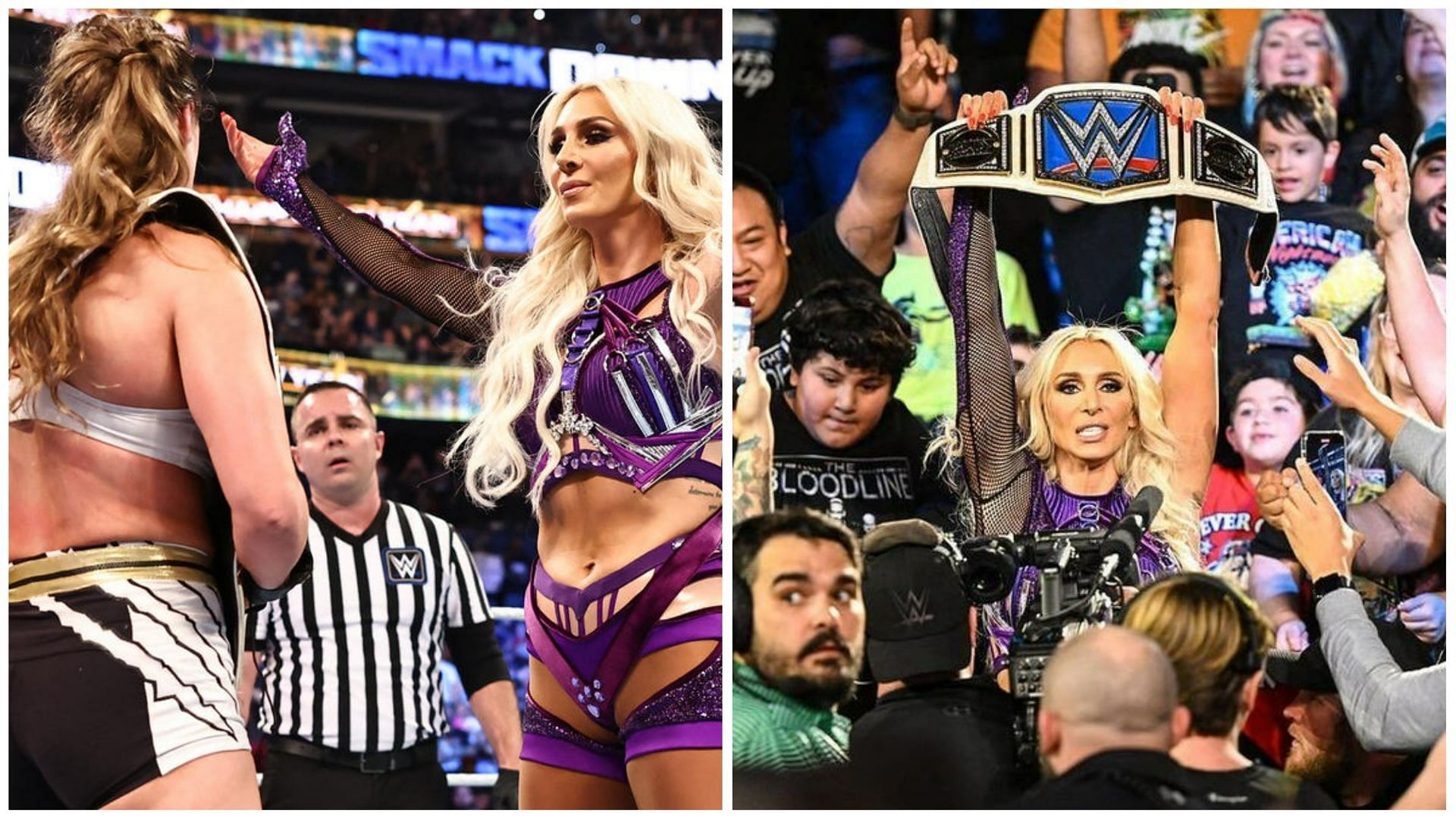 Charlotte Flair challenges Ronda Rousey on December 30, 2022 (left), Charlotte celebrates winning WWE SmackDown Women