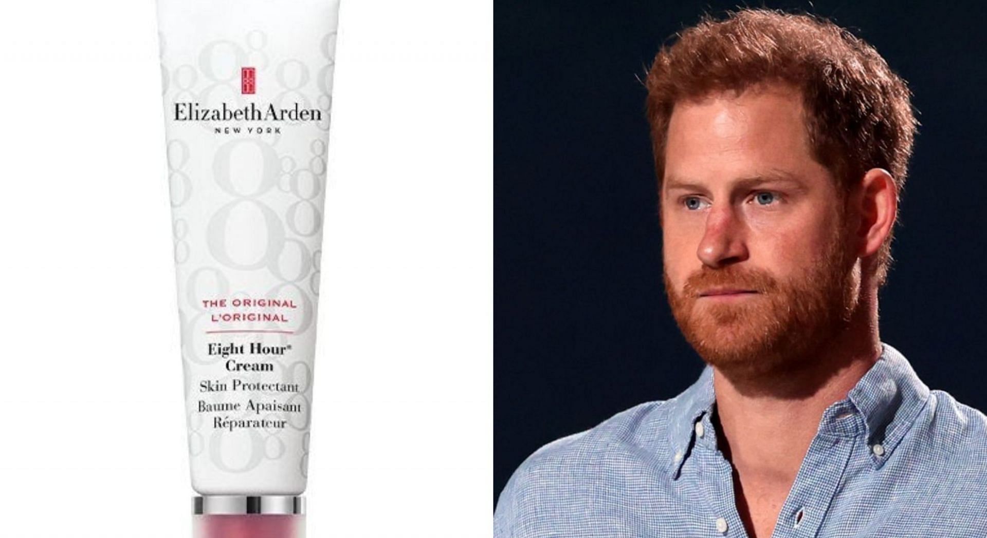 Prince Harry said Elizabeth Arden Eight Hour Cream helped him with frostbite (Image via BootsUK/Twitter and Getty Images)