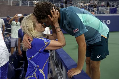 Tracy Austin embraces her son Brandon Holt after he beat Taylor Fritz at the US Open