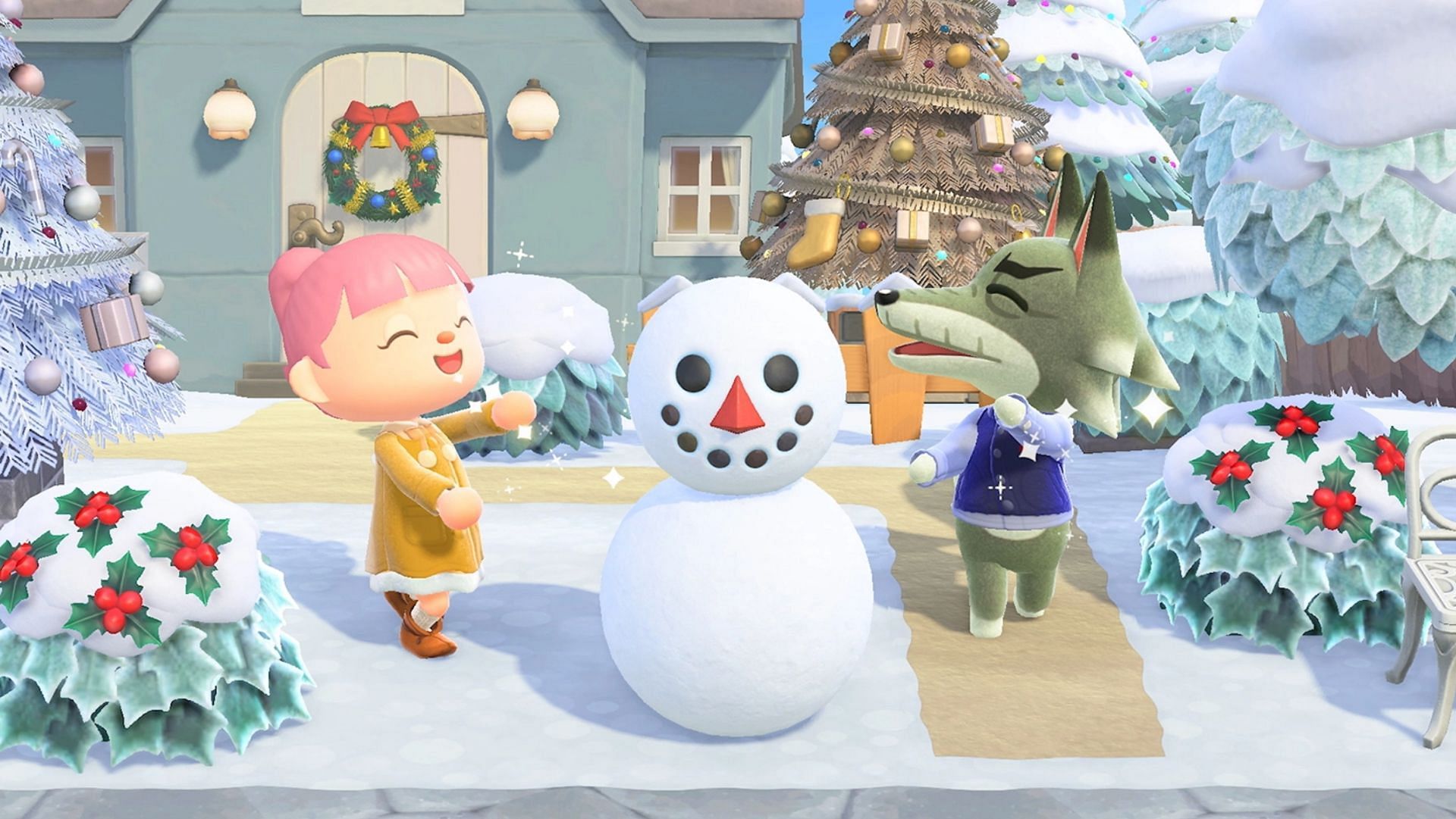 Building a Snowman in Animal Crossing: New Horizons (Image via Nintendo)