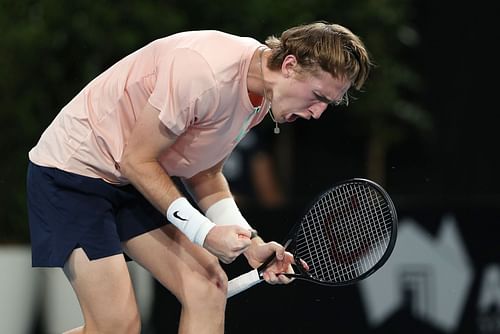 Sebastian Korda celebrates a point at the 2023 Adelaide International 1