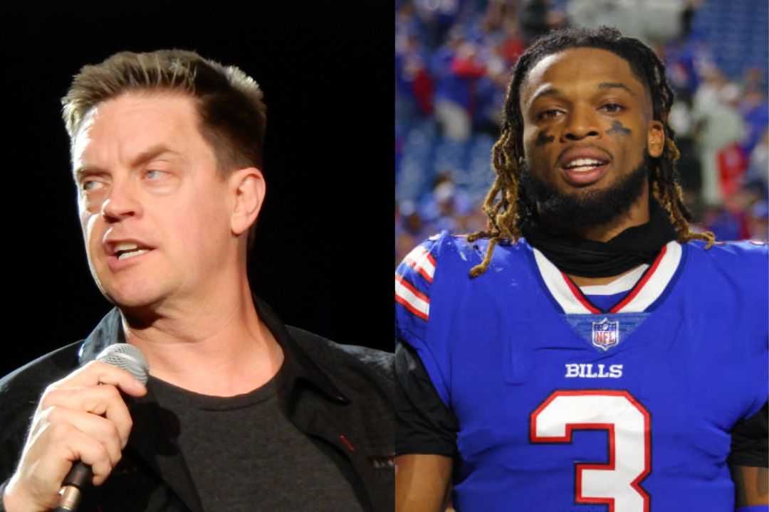 Comedian Jim Breuer (l) makes a joke about Bills safety Damar Hamlin (r)