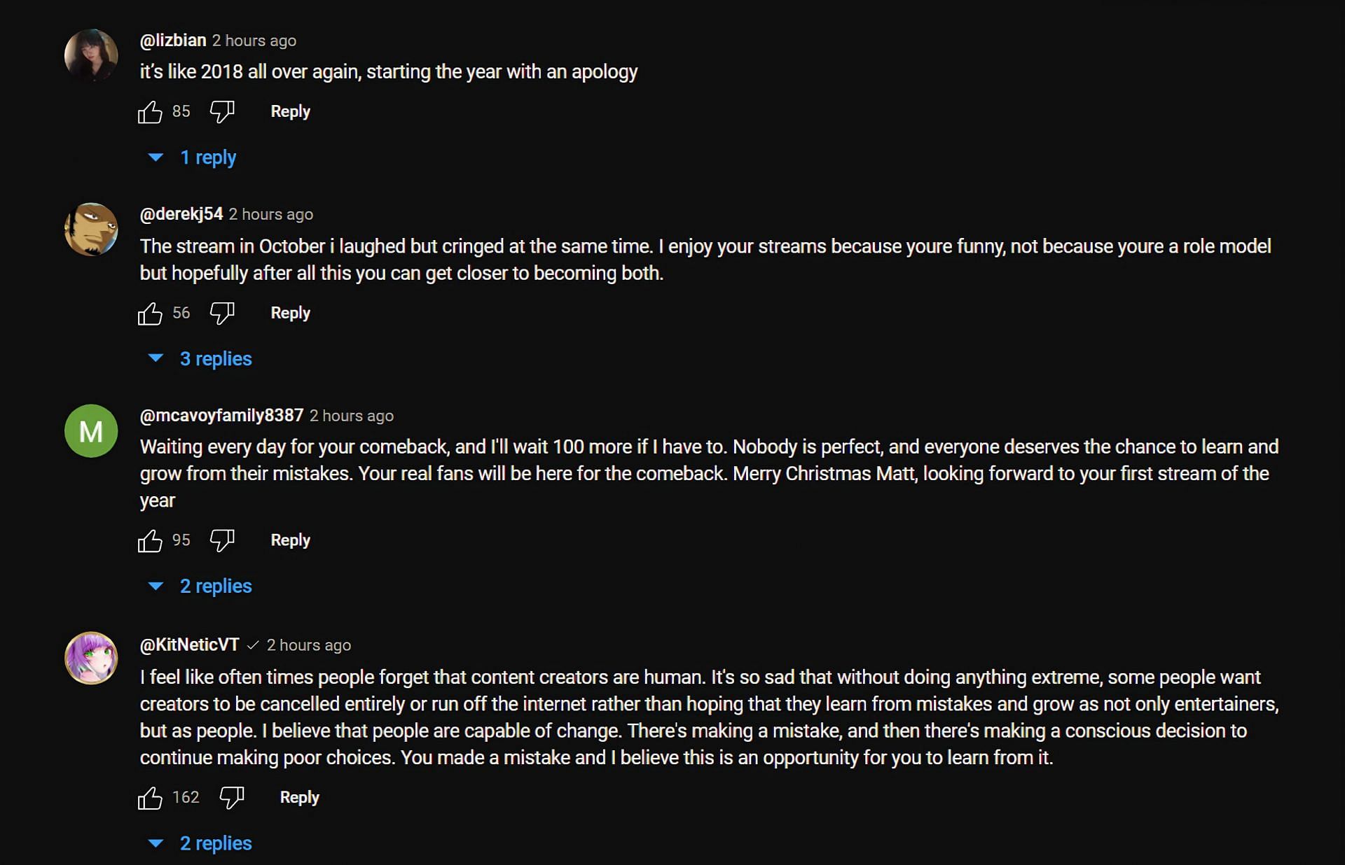 Fans reacting to the apology (Image via Mizkif/YouTube)
