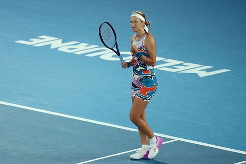 Victoria Azarenka celebrates a point against Jessica Pegula at the 2023 Australian Open