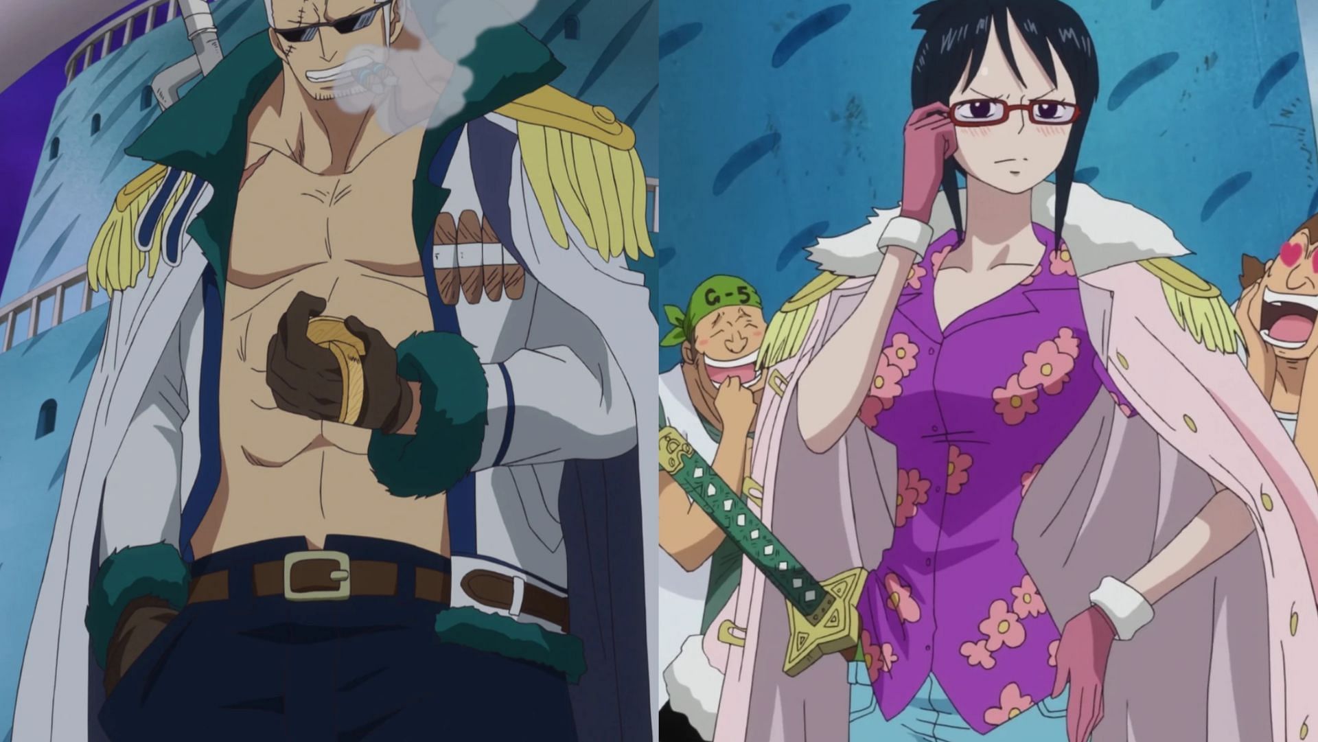 Smoker and Tashigi, as seen in the anime (Image via One Piece Fandom wiki)