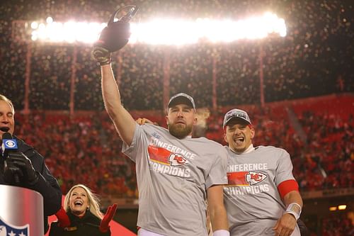 Patrick Mahomes and Travis Kelce celebrate the win