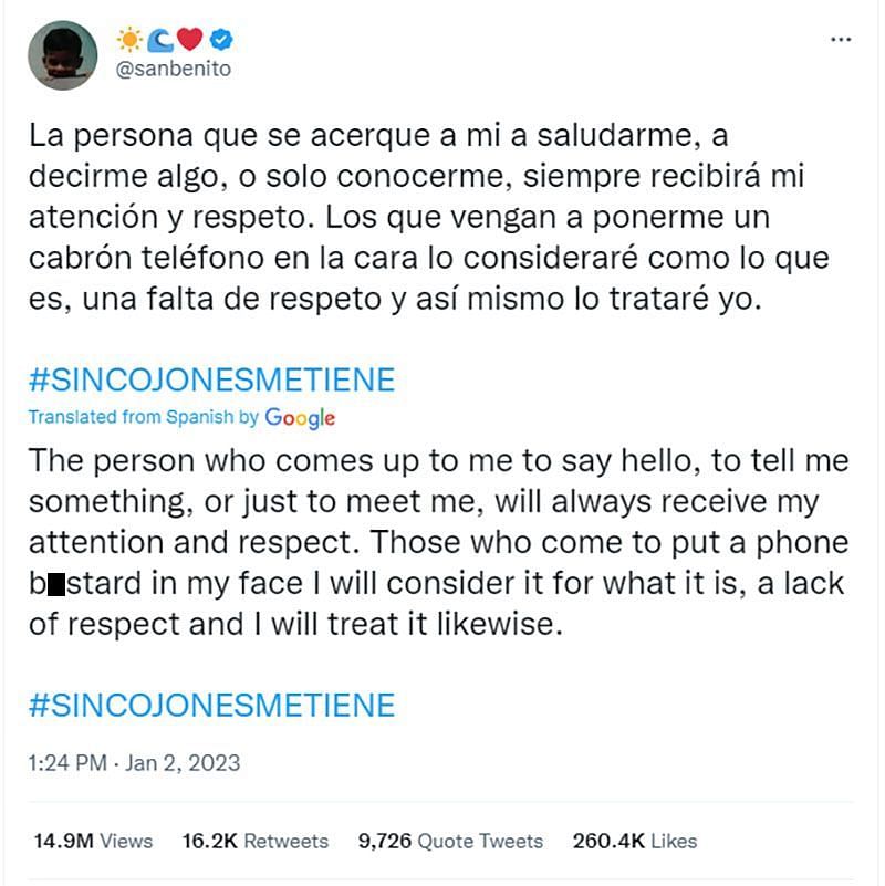 Screenshot of the tweet by the rapper justifying his actions (Image via Twitter/@sanbenito)