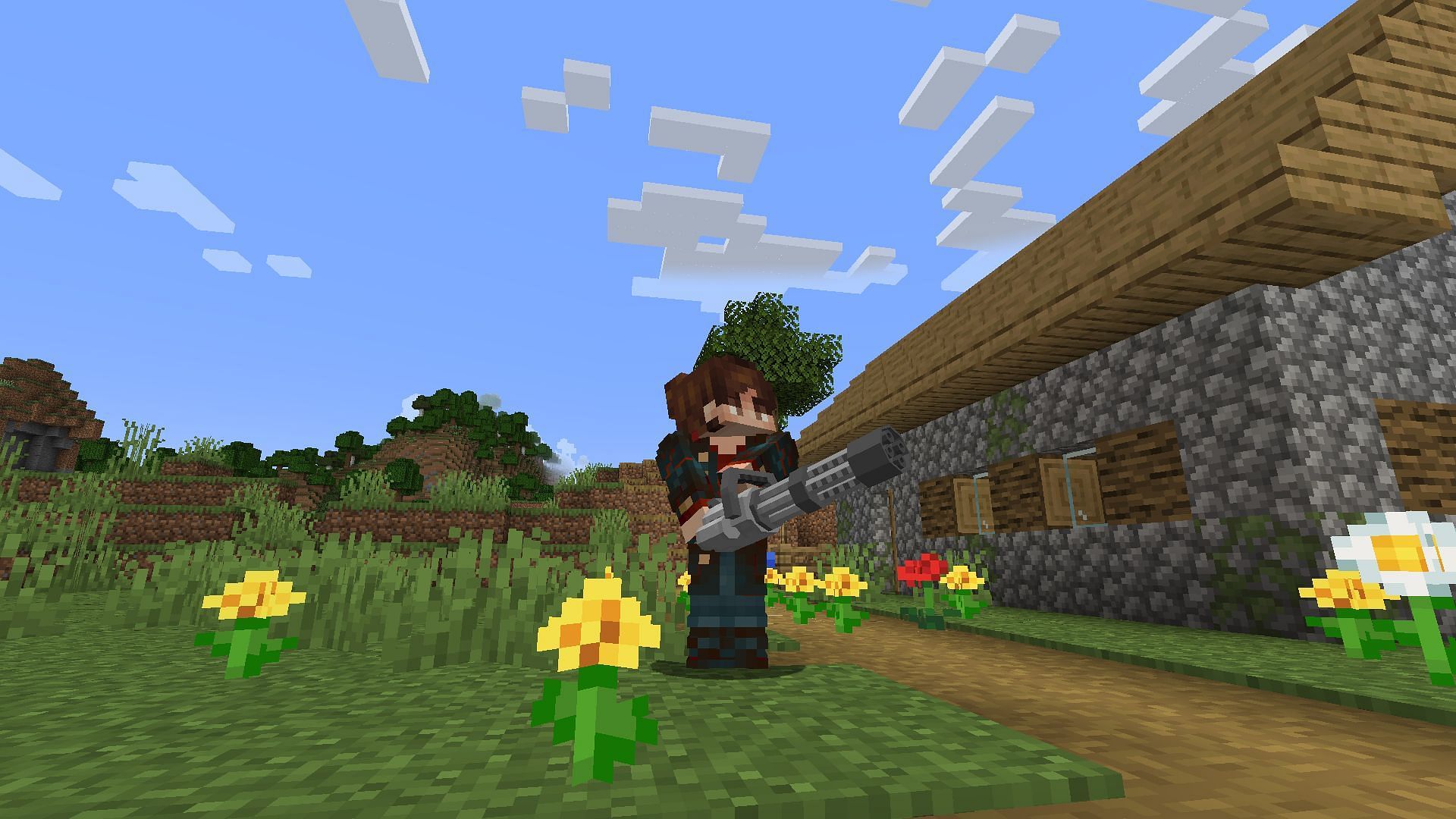 Player holding a minigun in Minecraft (Image via Mojang)
