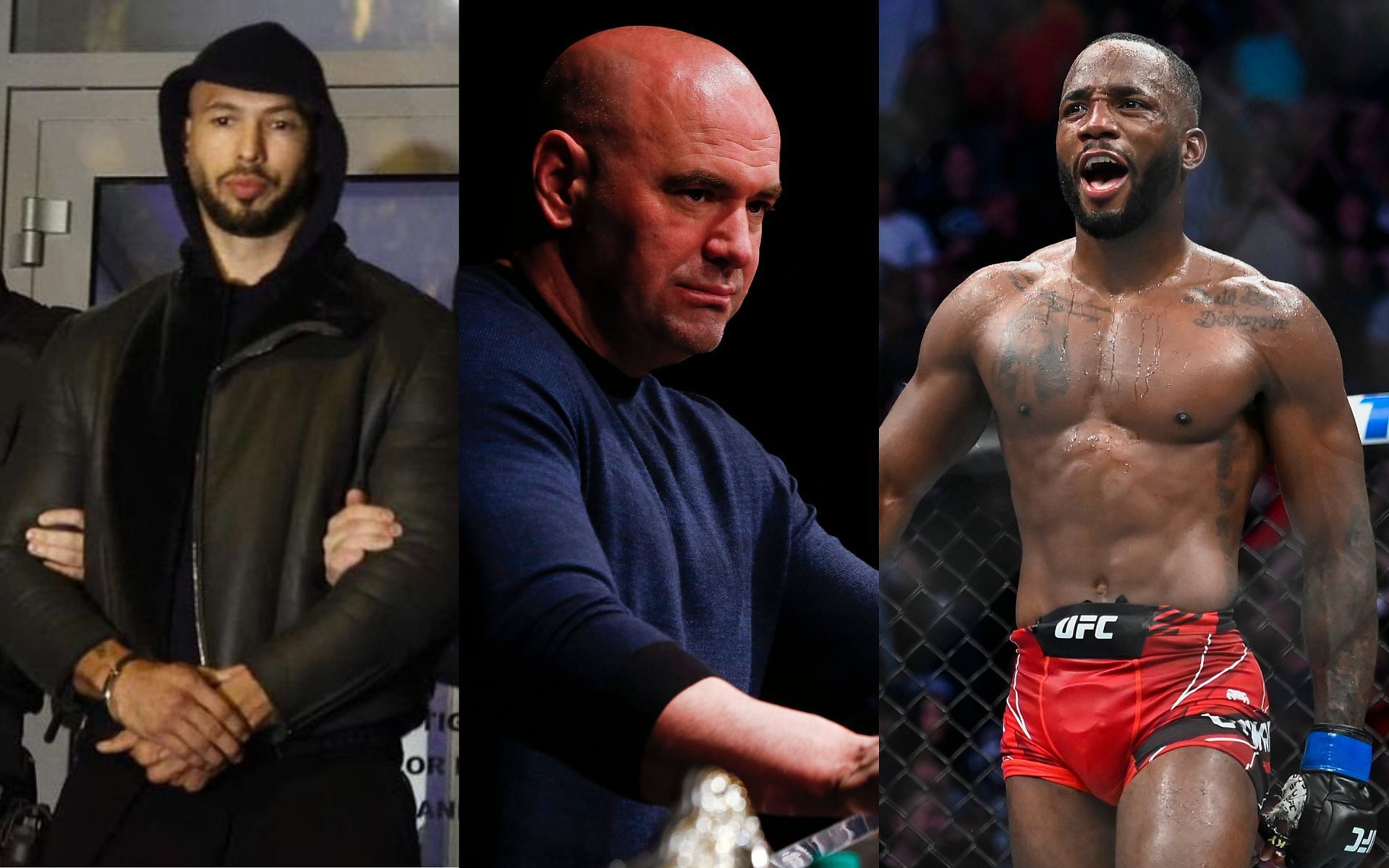Andrew Tate (left), Dana White (center), and Leon Edwards (right). [Images courtesy: left image from Twitter @Dexerto and the rest from Getty Images]