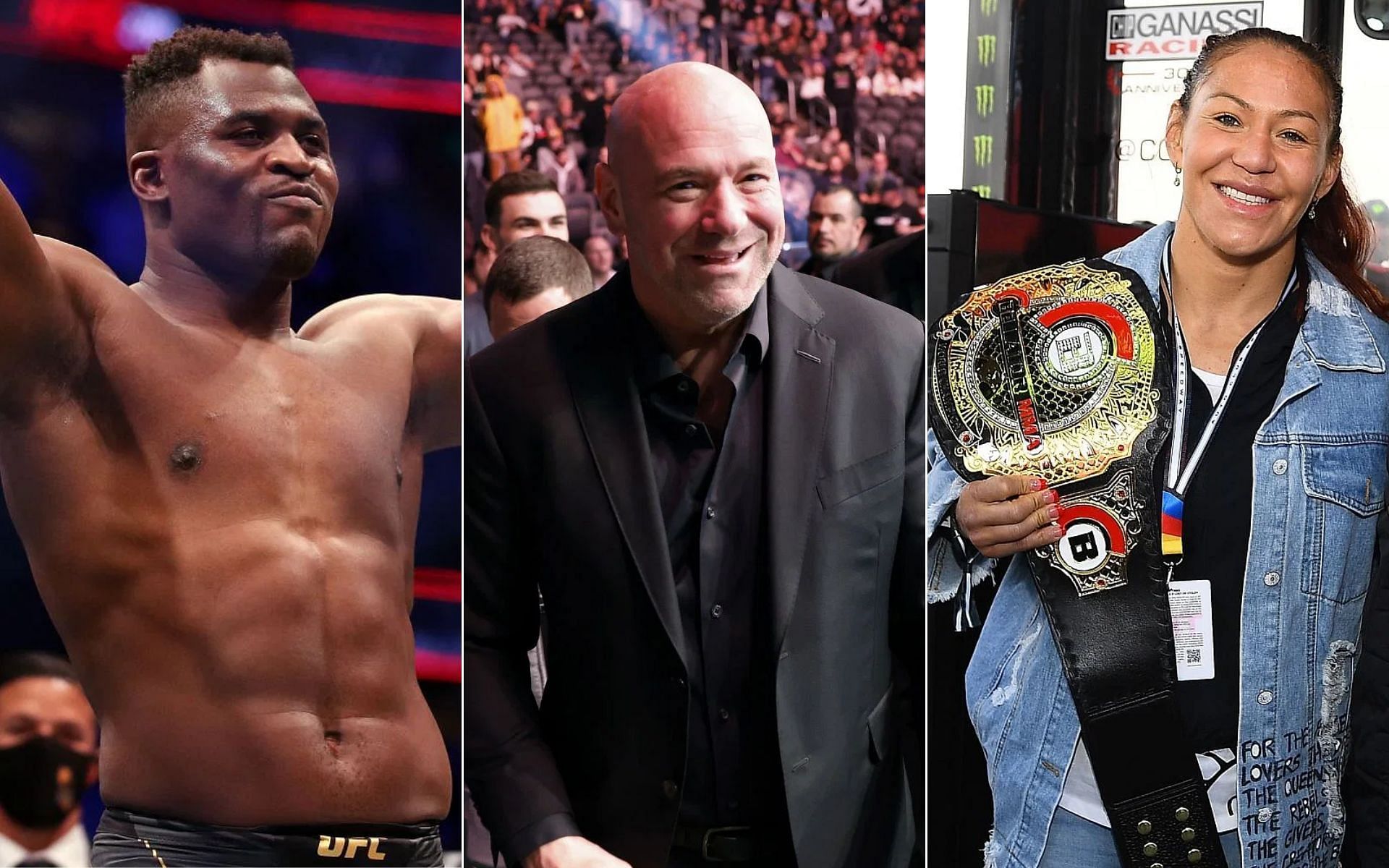 Francis Ngannou (Left), Dana White (Middle), and Cris Cyborg (Right)