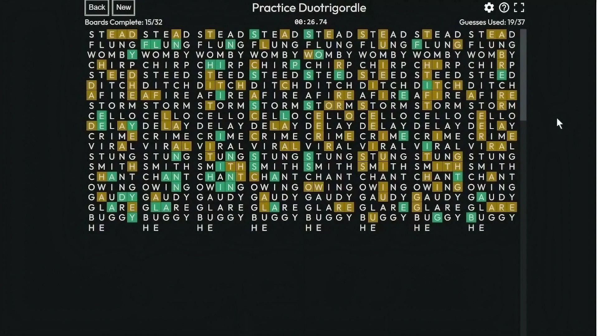 Duotrigordle provides a stiff challenge to players (Image via Duotrigordle)
