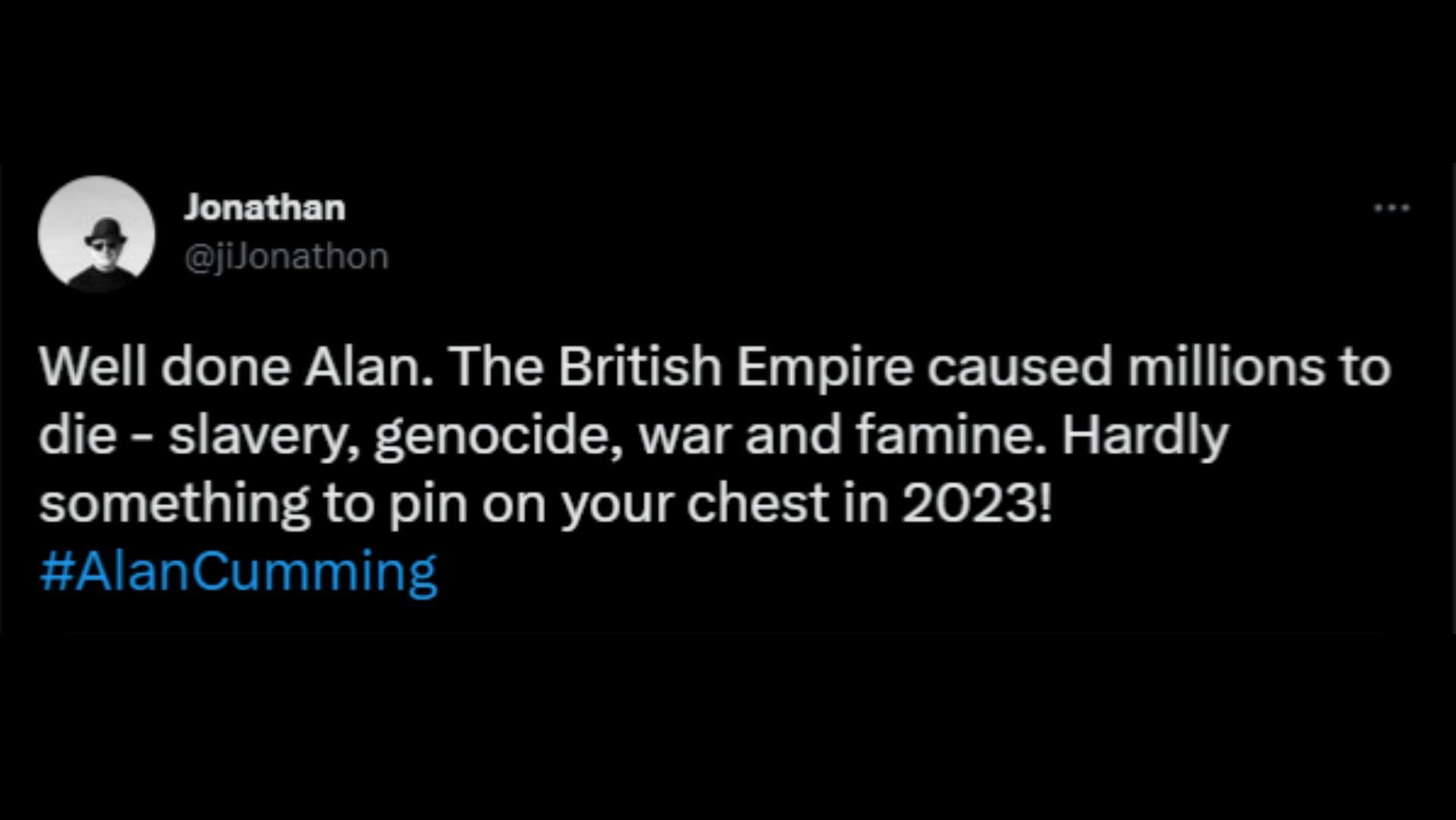 Screenshot of a Twitter user praising Alan Cumming&#039;s move to return the OBE.