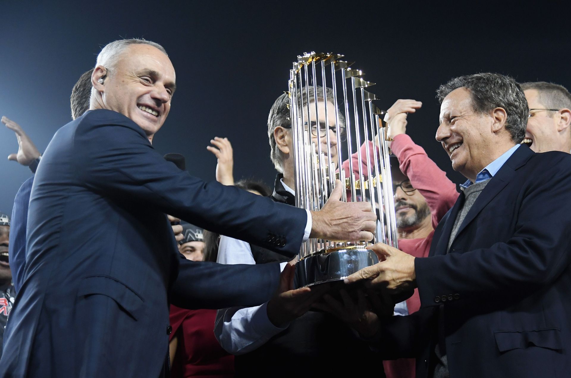 Red Sox bring World Series trophy to Bruins game