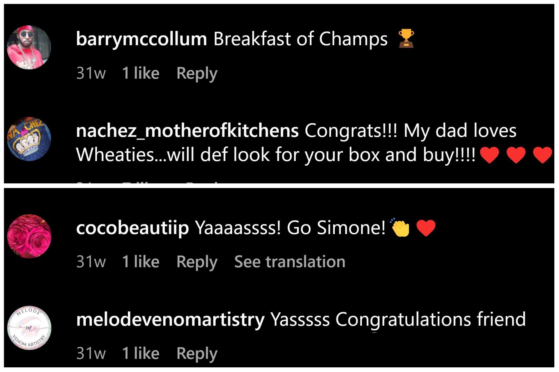 Fans rally in the comments section to congratulate Simone Biles on her appearance on the new Wheaties box: Image via Instagram (@simonebiles)