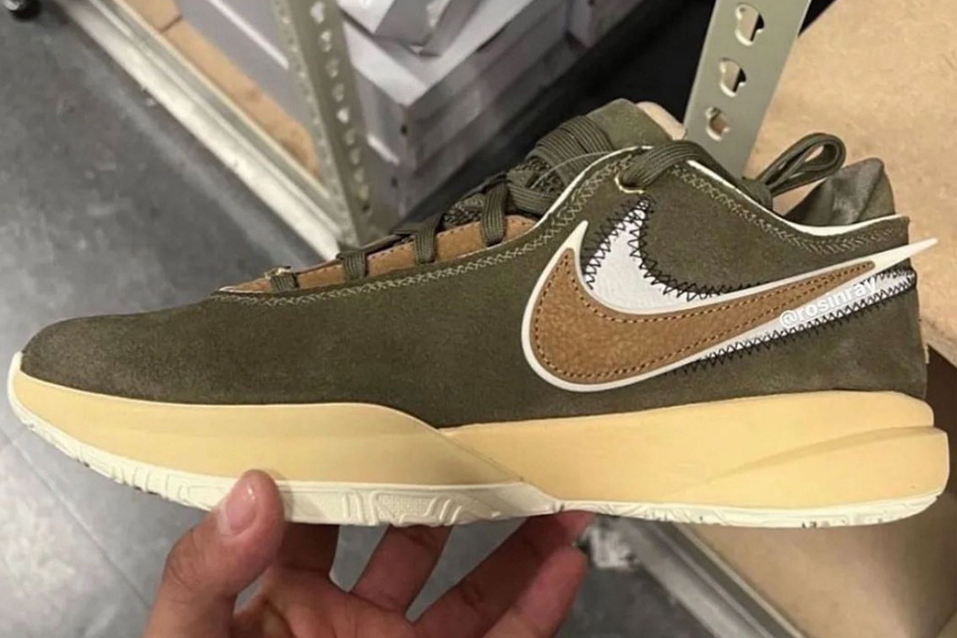 Here&#039;s a detailed in-hand look at the upcoming Nike LeBron 20 Olive shoes (Image via Instagram/@rosinray)