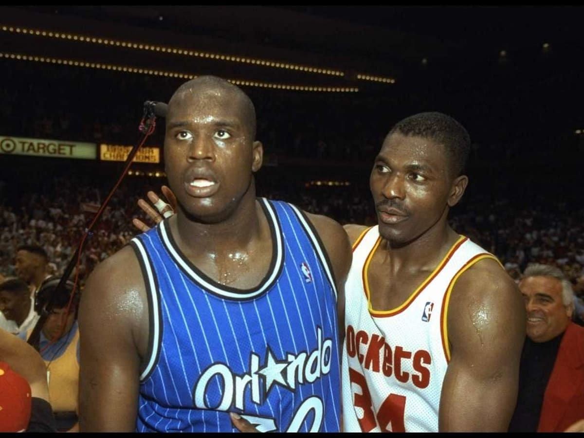 Shaq O&#039;Neal, left, and Hakeem Olajuwon during the NBA Finals.