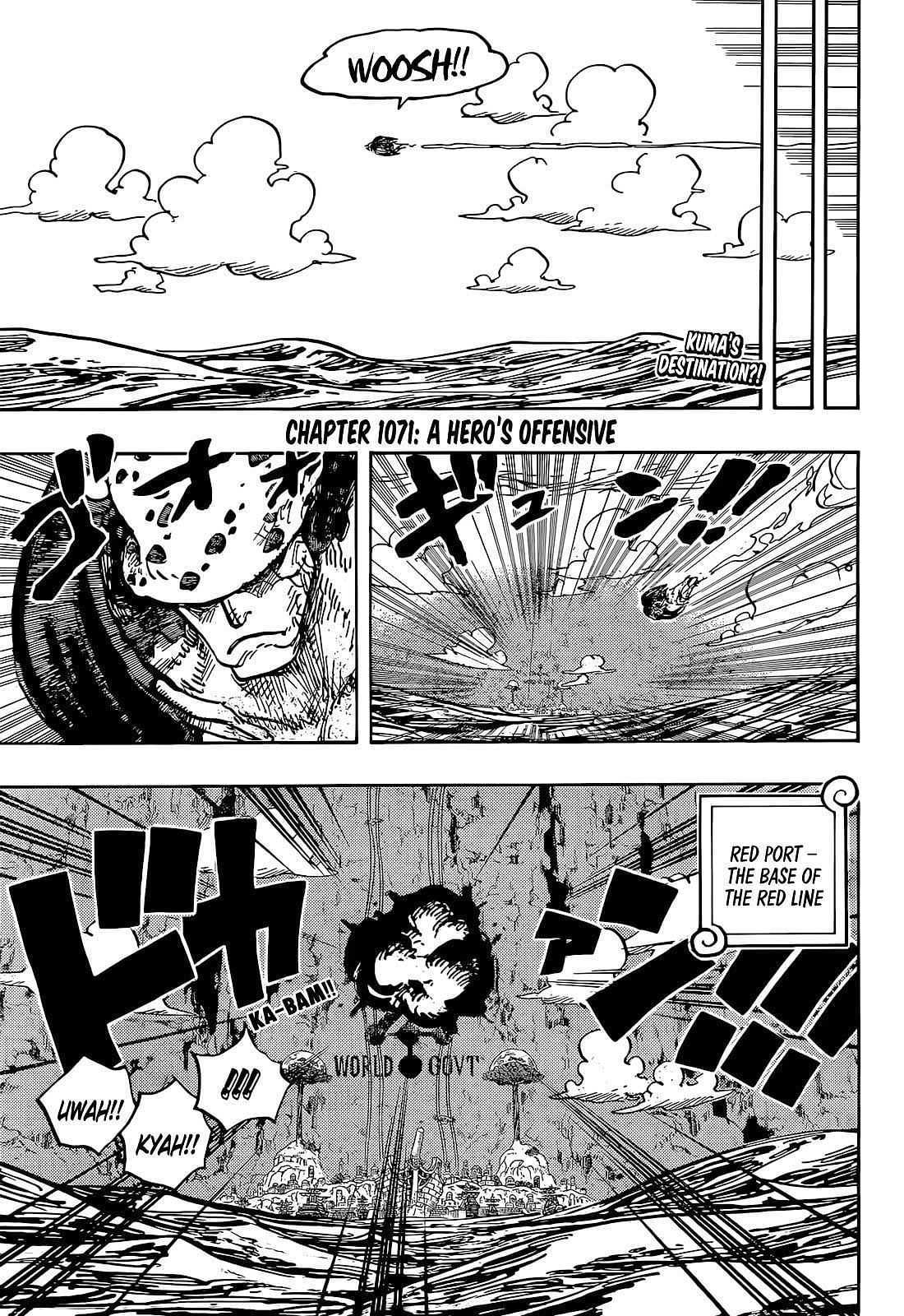 Kuma crashing the Red Line in One Piece chapter 1071 (Image via Eiichiro Oda)