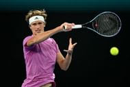 Zverev plays a forehand during the Tennis Plays For Peace event