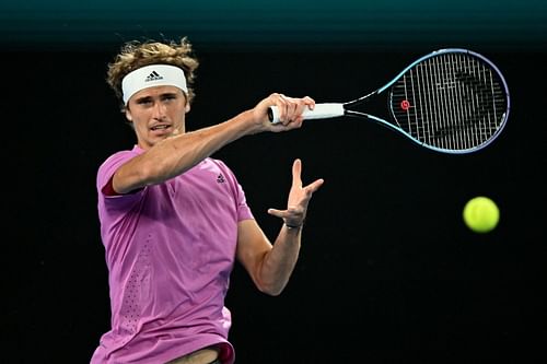 Zverev plays a forehand during the Tennis Plays For Peace event