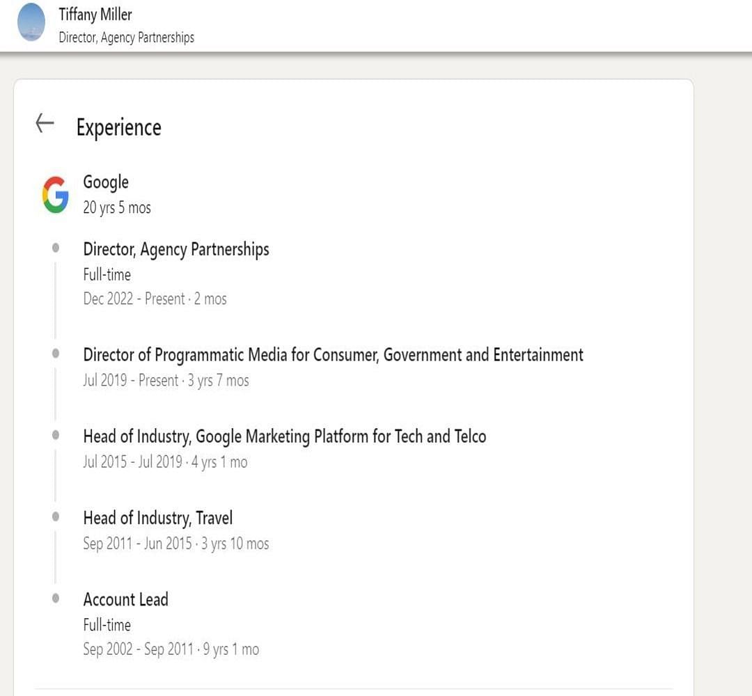 Tiffany Miller&#039;s work experience as per her LinkedIn profile (Image via LinkedIn)