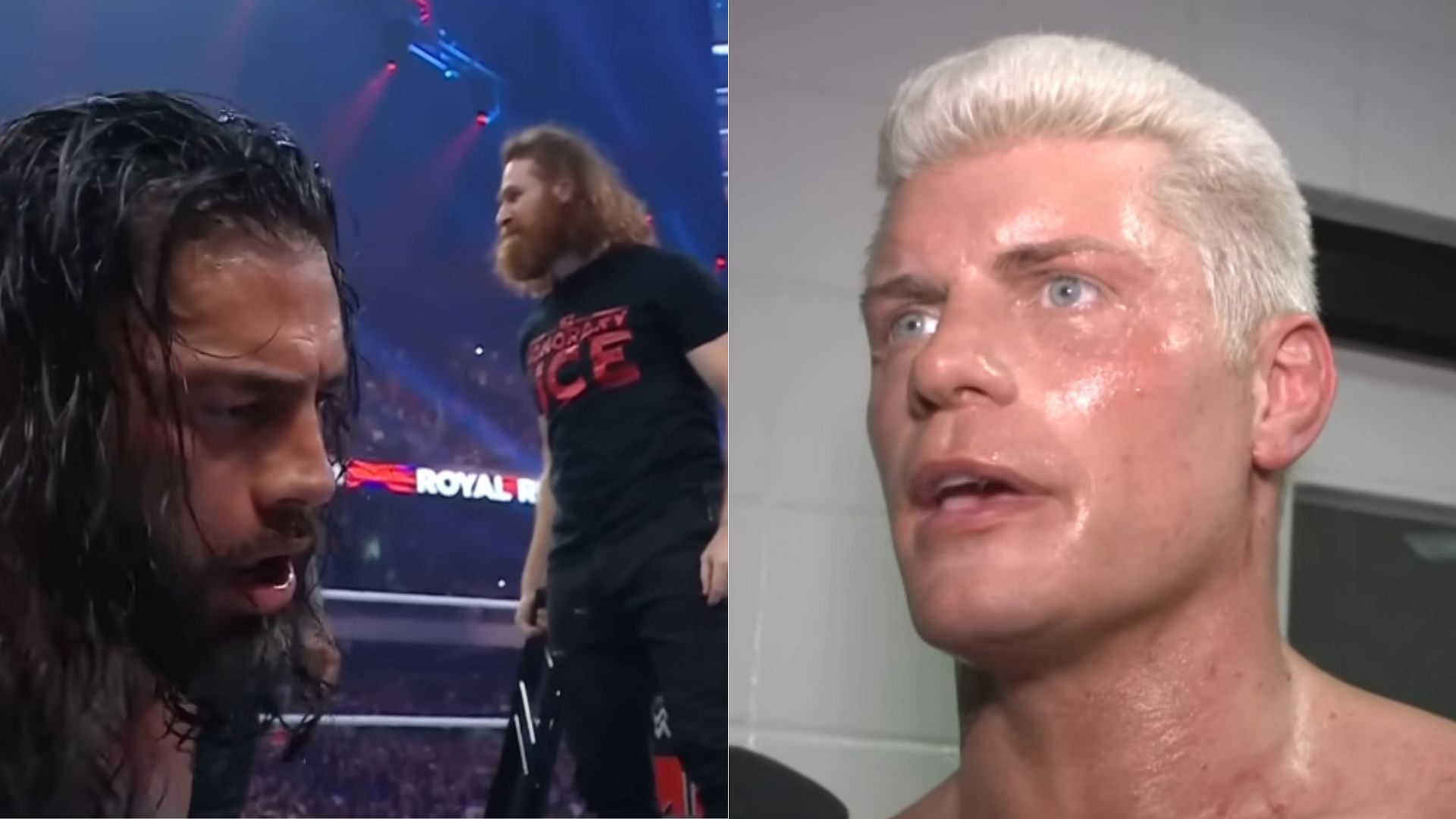 Roman Reigns and Sami Zayn (left); Cody Rhodes (right)