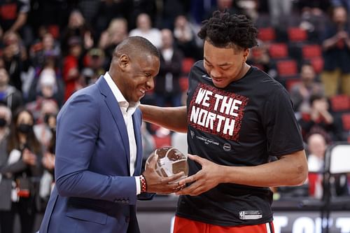 Masai Ujiri and Scottie Barnes of the Toronto Raptors