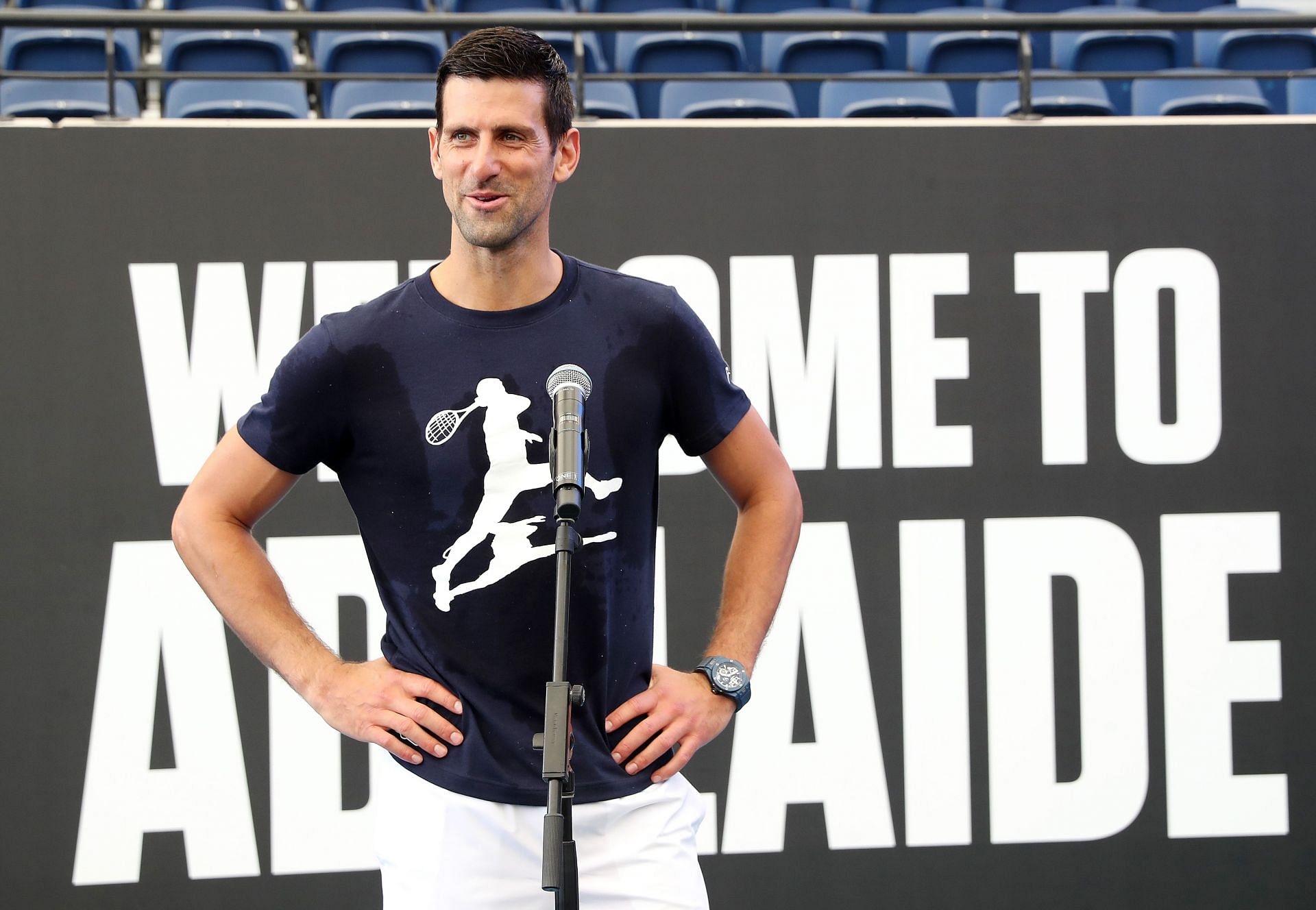 Novak Djokovic interacts with the media ahead of Adelaide International 1 2023