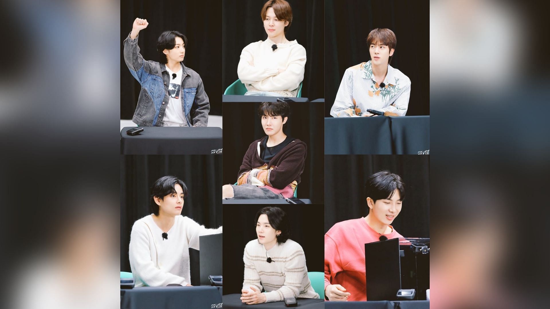 The seven members of BTS in stills from the 2023 Run BTS Episode, Next Top Genius Part 2.