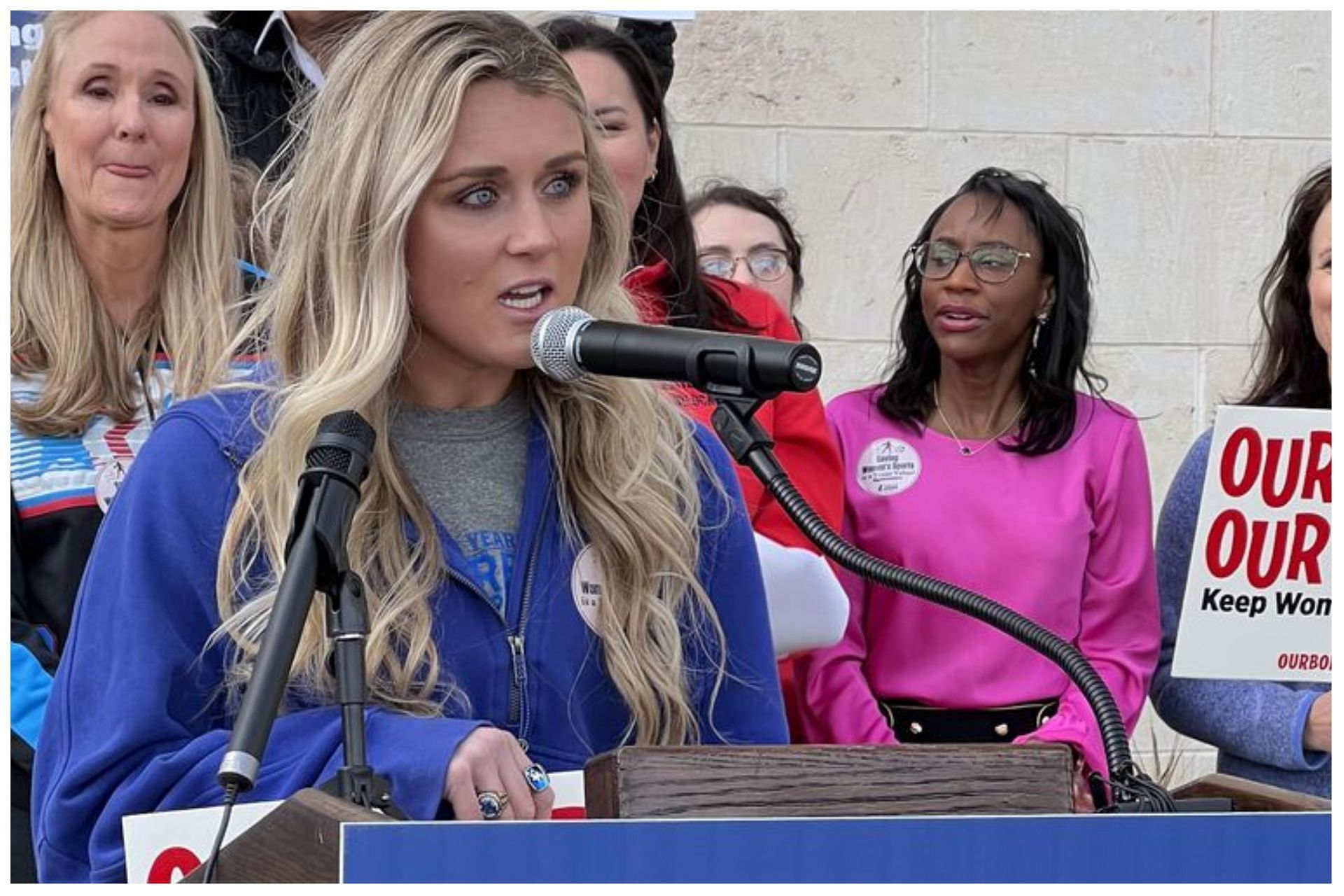 Former University of Kentucky All-American swimmer Riley Gaines urged the NCAA to protect single-sex sports for women at a rally outside the NCAA annual convention in San Antonio on Jan. 12, 2023 (Image via the Independent Women