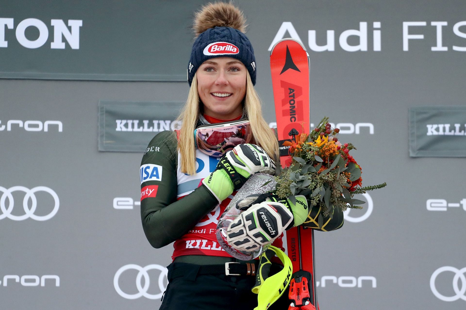 Mikaela Shiffrin of the United States stands on the podium during the National Anthem after winning the Women&#039;s Slalom during the Audi FIS Ski World Cup - Killington Cup on December 01, 2019, in Killington, Vermont. (Photo by Tom Pennington/Getty Images)