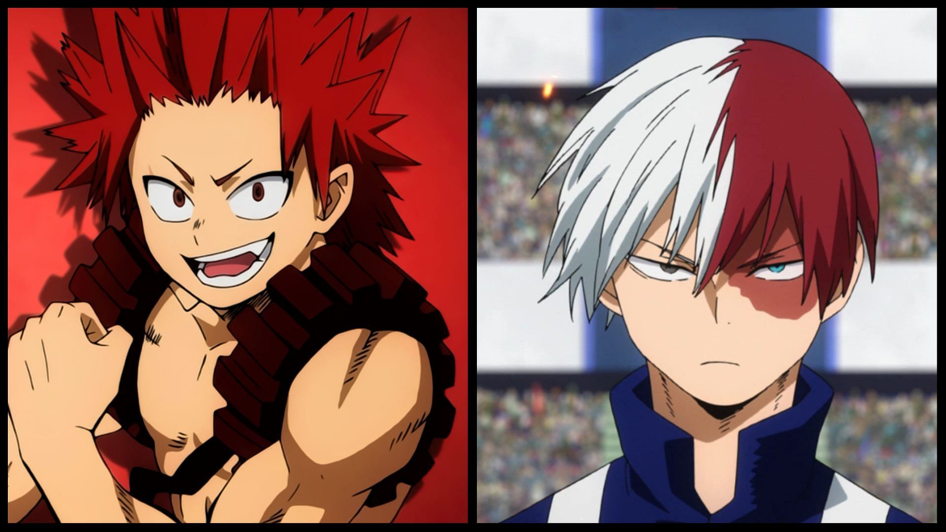 Eijiro Kirishima (left) and Shoto Todoroki (right) as seen in the series&#039; anime (Image via Sportskeeda)