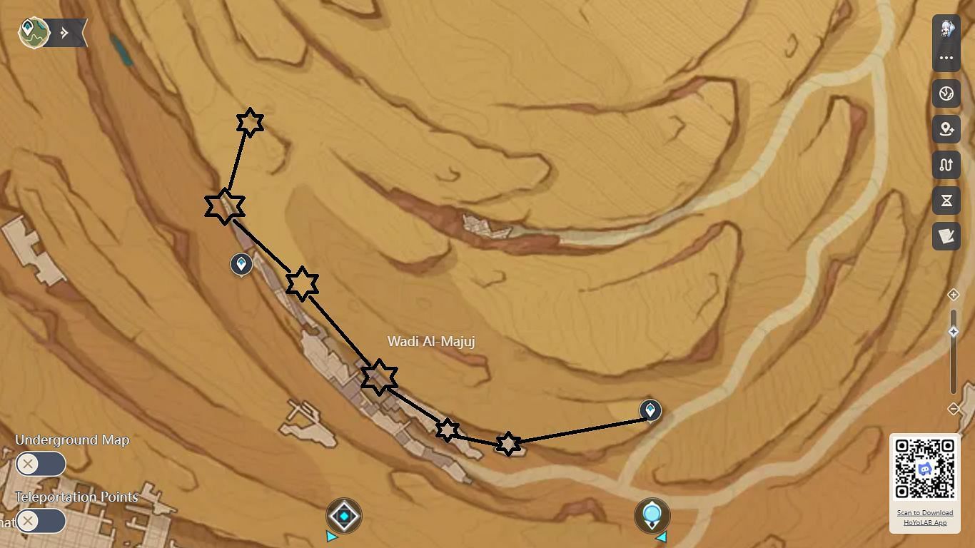 Locations of all the Pathfinders&#039; Log pages in Wadi Al-Majuj (Image via HoYoverse)
