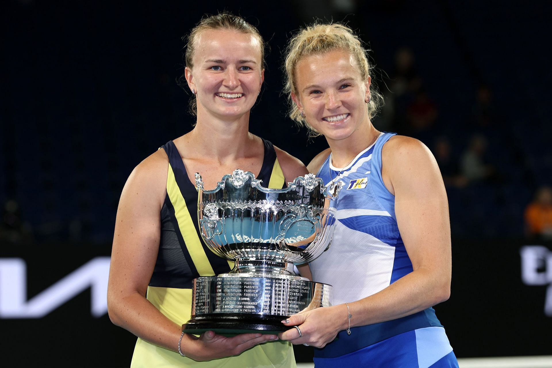Barbora Krejcikova (left) and Katerina Siniakova pose with their trophy