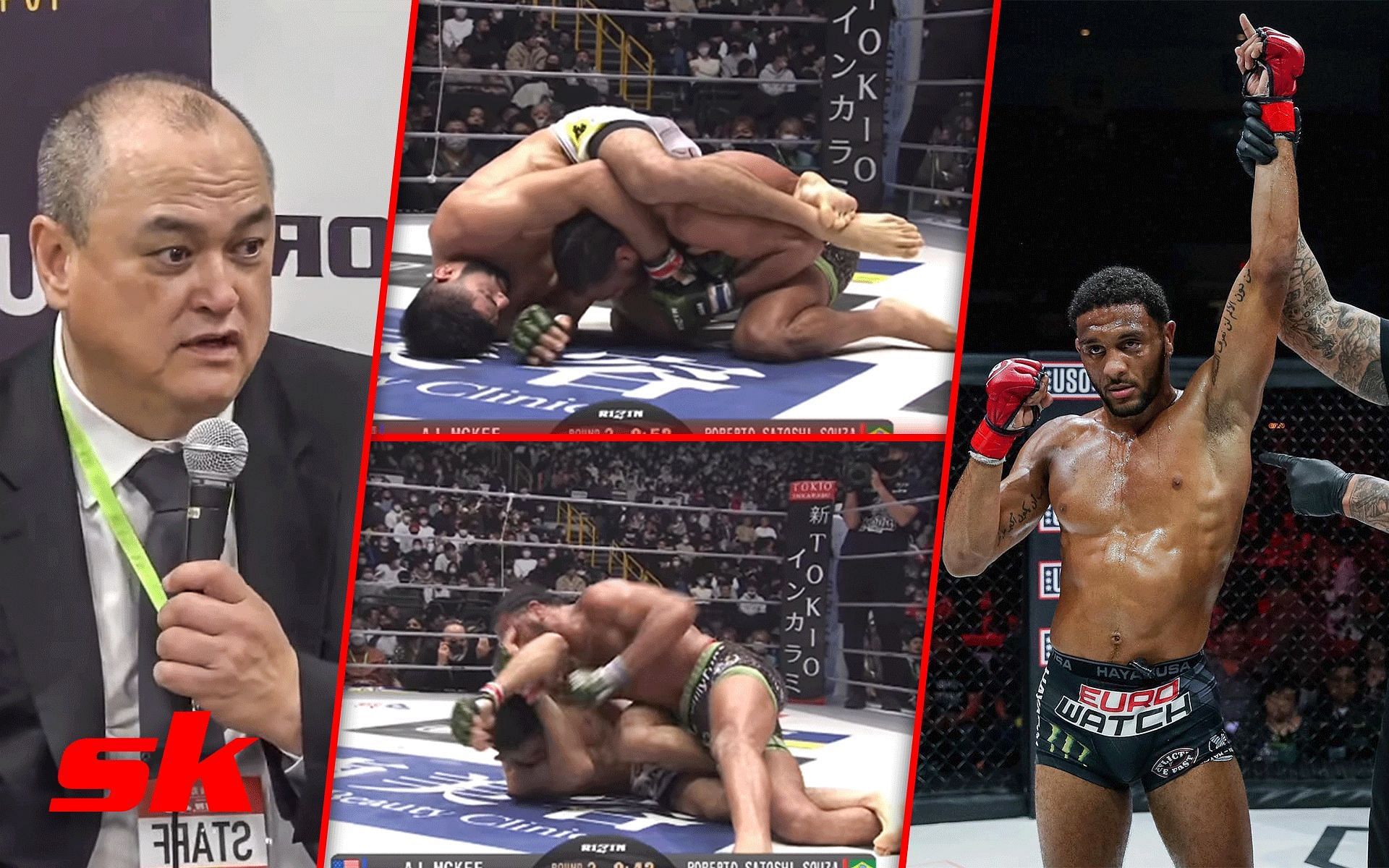 Scott Coker (left), A.J. McKee vs. Roberto de Souza (center), McKee (right). [Images courtesy: right image from Instagram @ajmckee101 and the rest from Instagram @bellatormma]