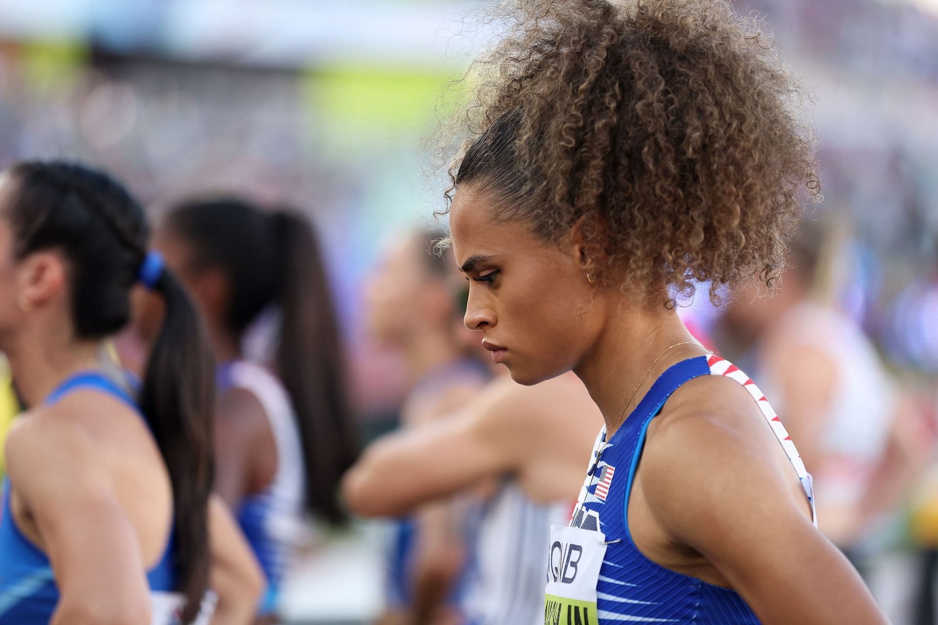 Sydney McLaughlin of Team United States looks on ahead of competing in the Women&#039;s 4x400m Relay Final on day ten of the World Athletics Championships Oregon22 at Hayward Field on July 24, 2022 in Eugene, Oregon. (Photo by Patrick Smith/Getty Images)