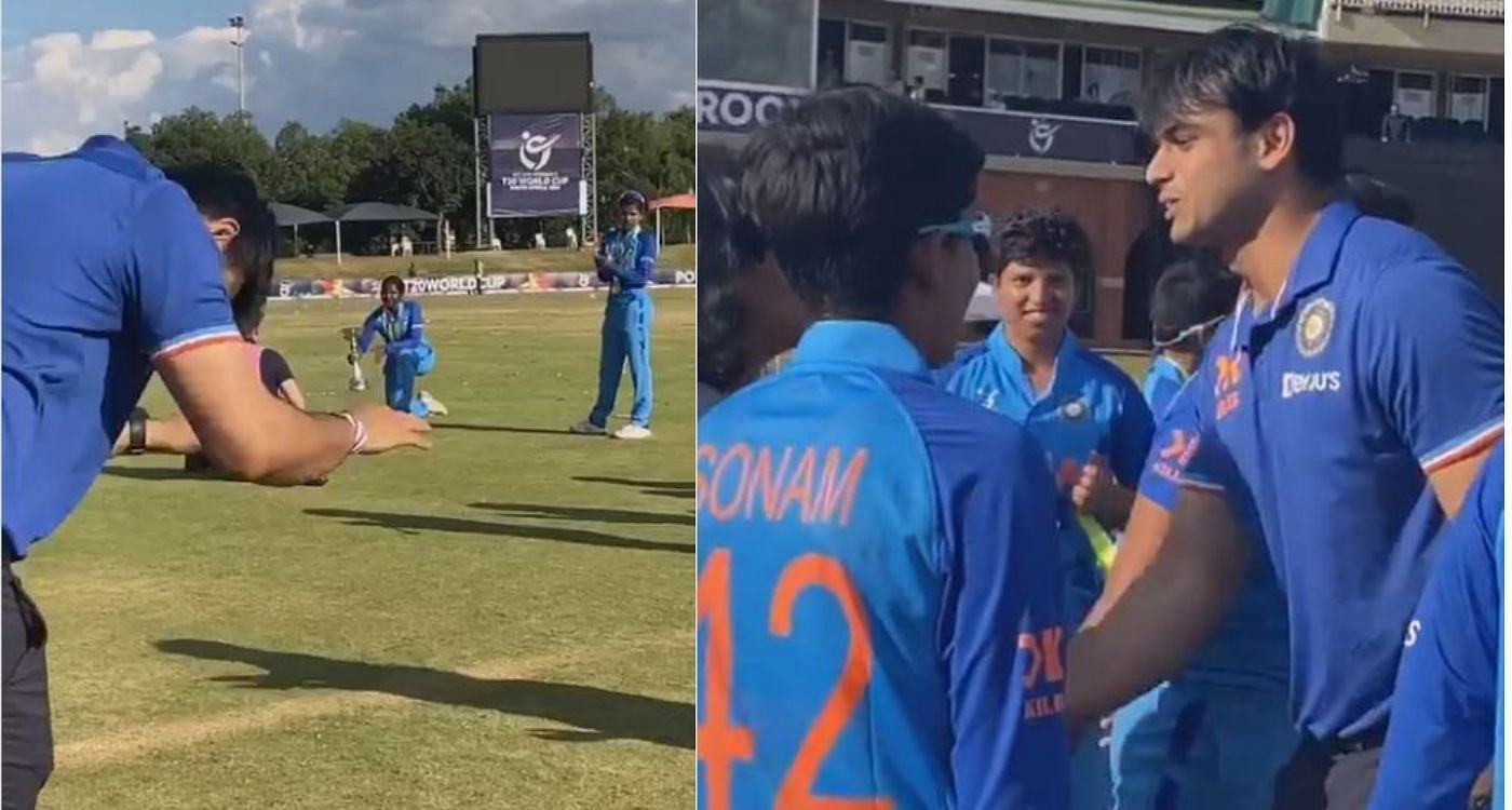 नीरज चोपड़ा भारतीय महिला क्रिकेट टीम से मिलने मैदान पर पहुंचे 