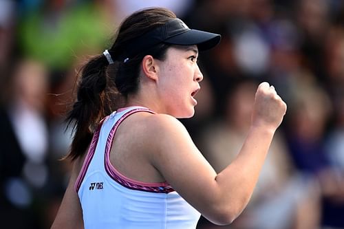 Lin Zhu celebrates a point at the 2023 ASB Women's Classic