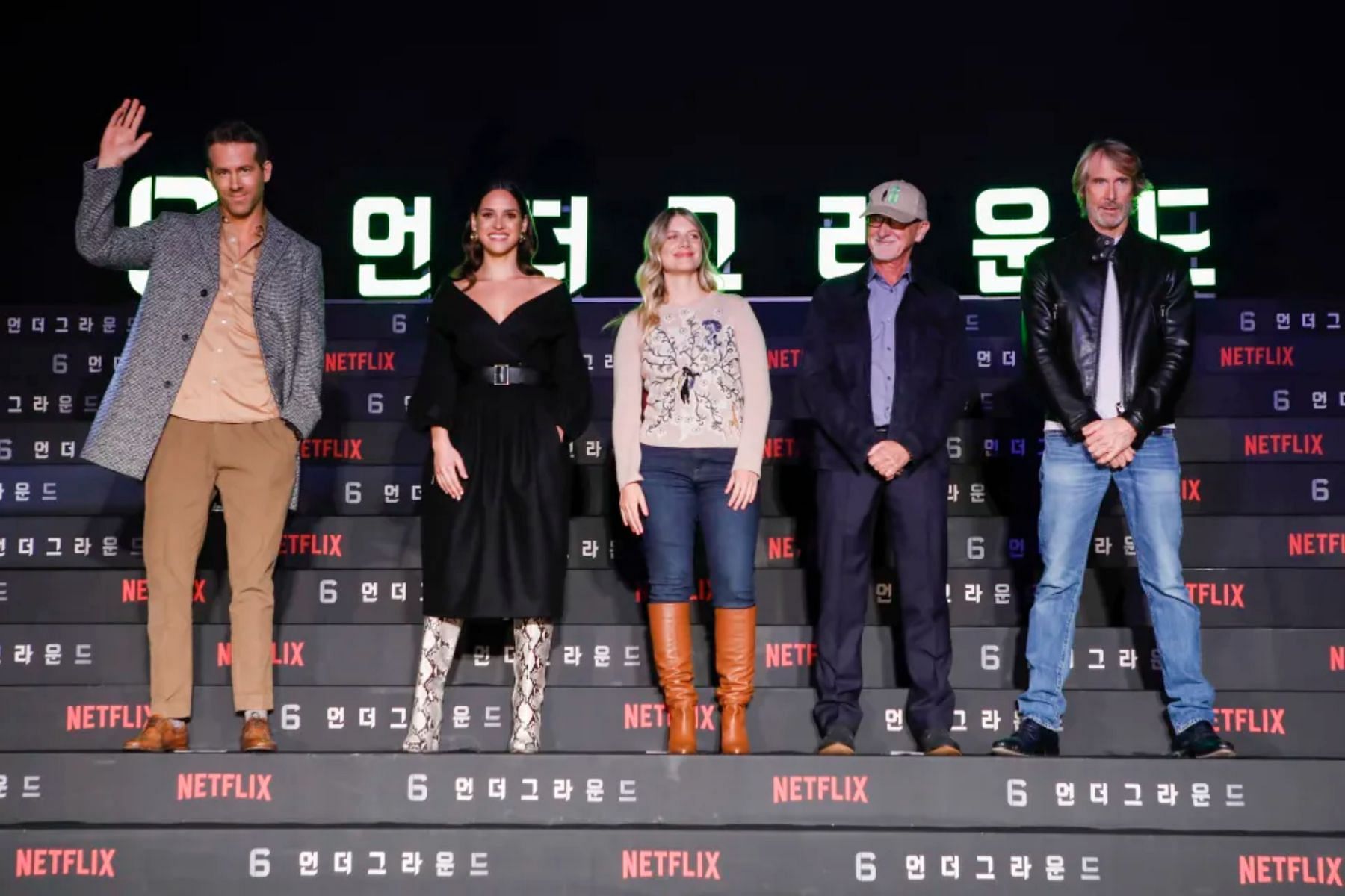 Ryan Reynolds, Adria Arjona, M&eacute;lanie Laurent, Ian Bryce, and Michael Bay at the press conference for the world premiere of &#039;6 Underground&#039;. (Woohae Cho/Getty Images)