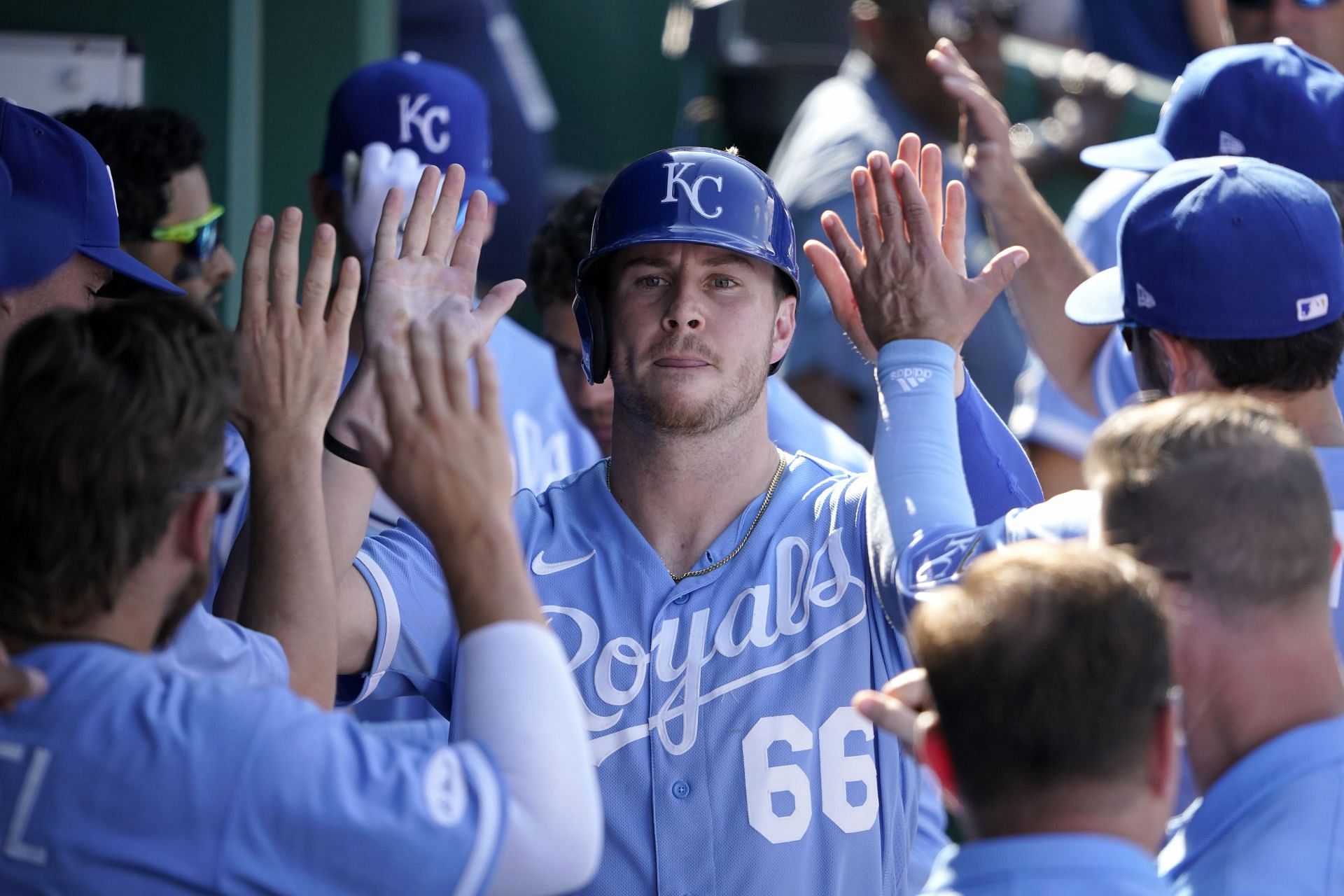 Ryan O&#039;Hearn #66 of the Kansas City Royals celebrates scoring on a sacrifice fly