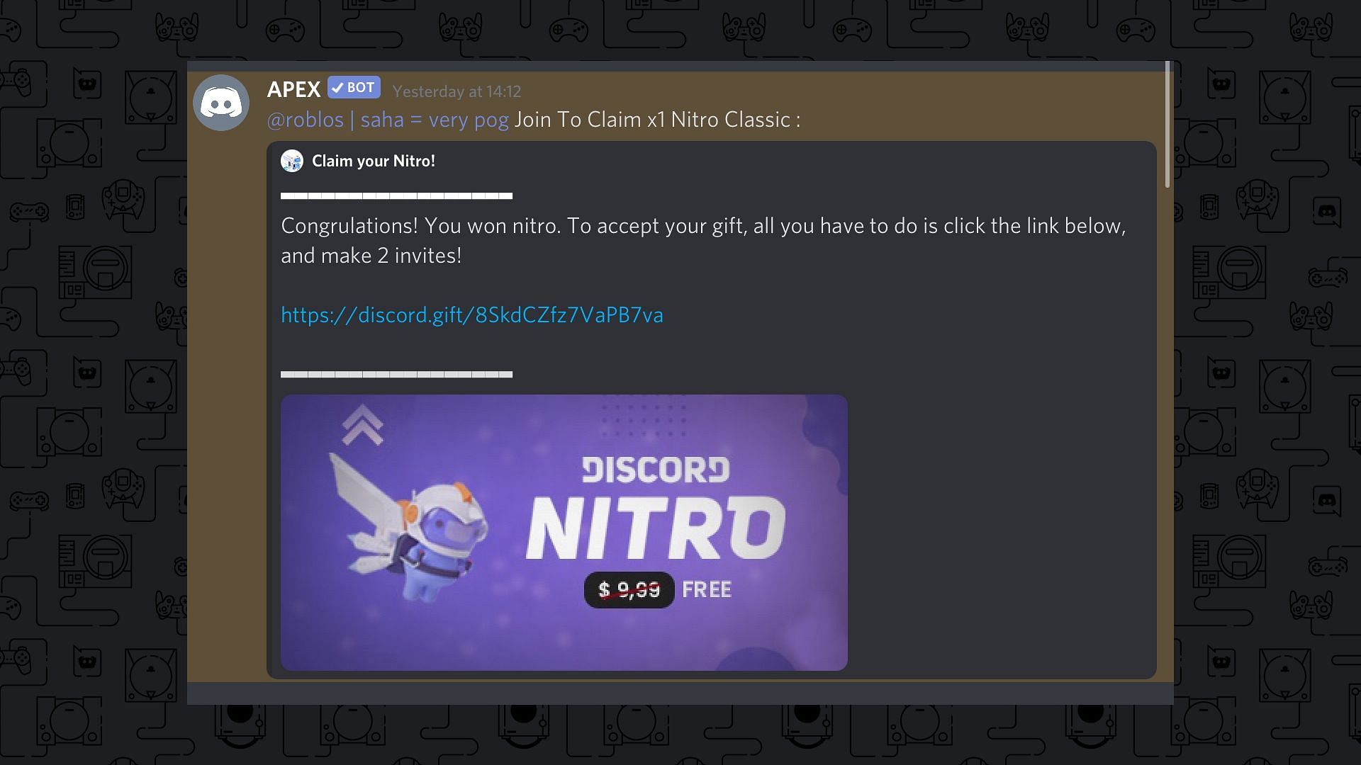 Discord nitro scam (Image via Discord support)