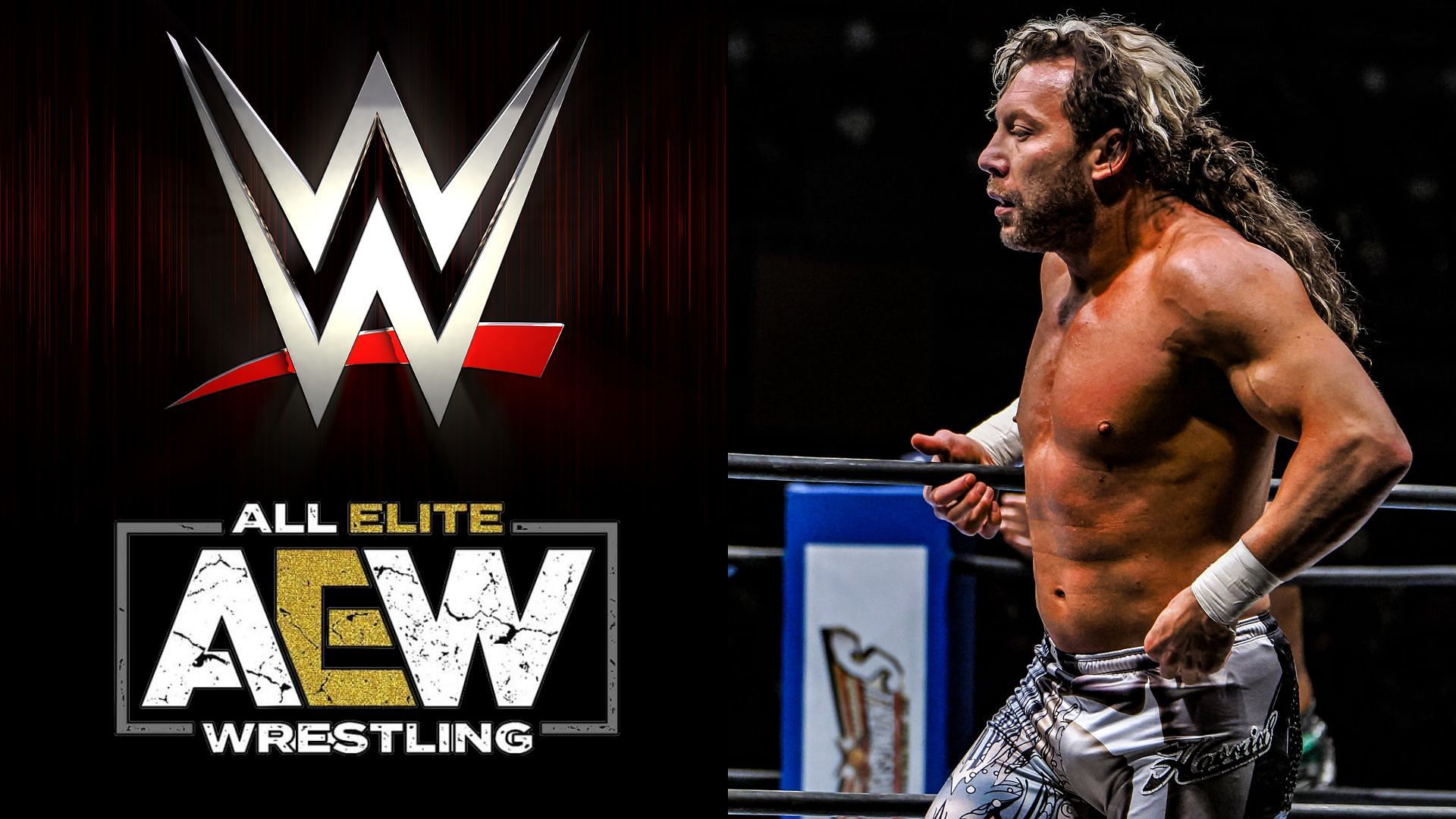 WWE and AEW logos (left), Kenny Omega (right)