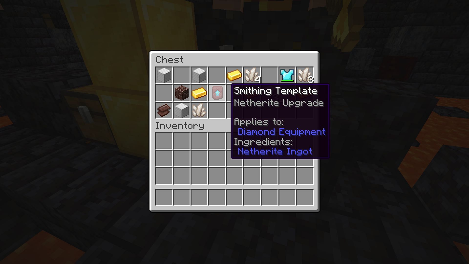 Smithing Template found in loot chest of a bastion (Image via Mojang)