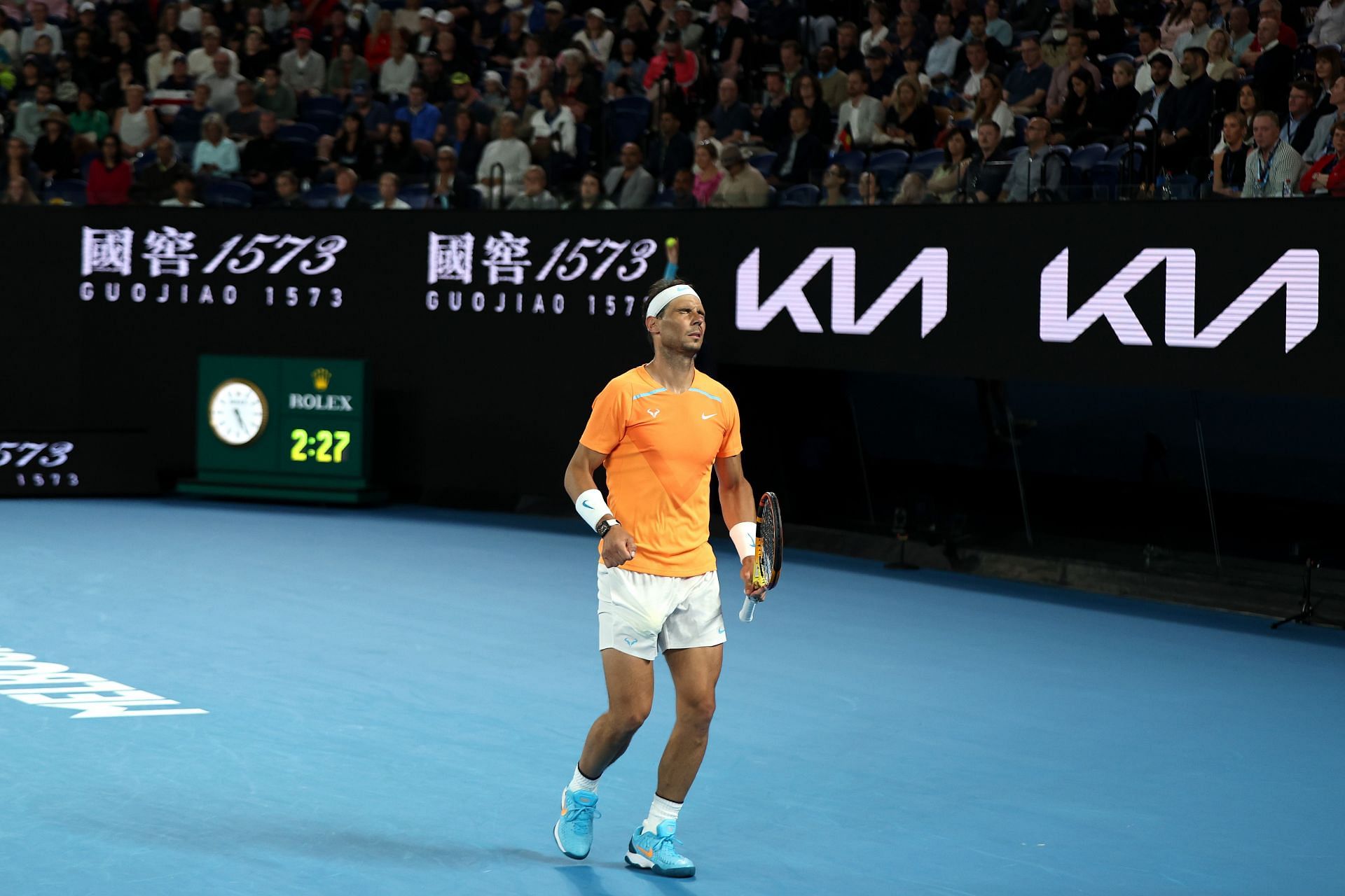 Rafael Nadal reacts during his 2023 Australian Open match.