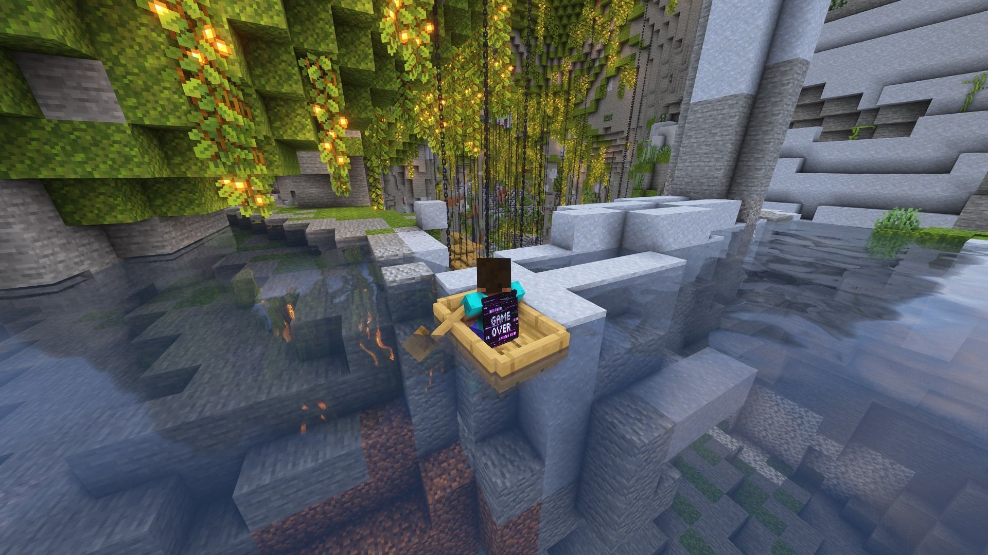 Steve on a boat infront of a lush cave (Image via Mojang)