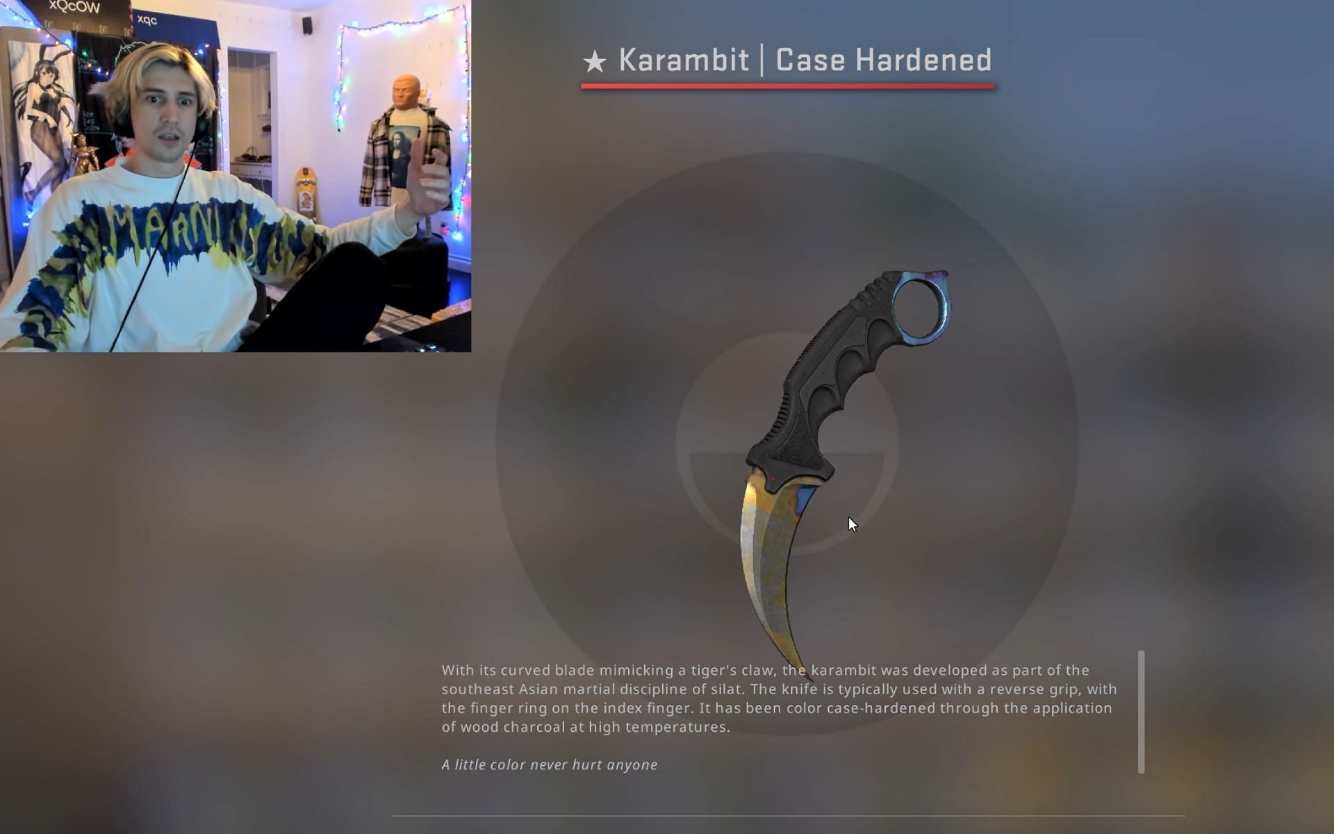xQc in disbelief after unboxing an extremely rare Karambit Case Hardened  knife in CS: GO